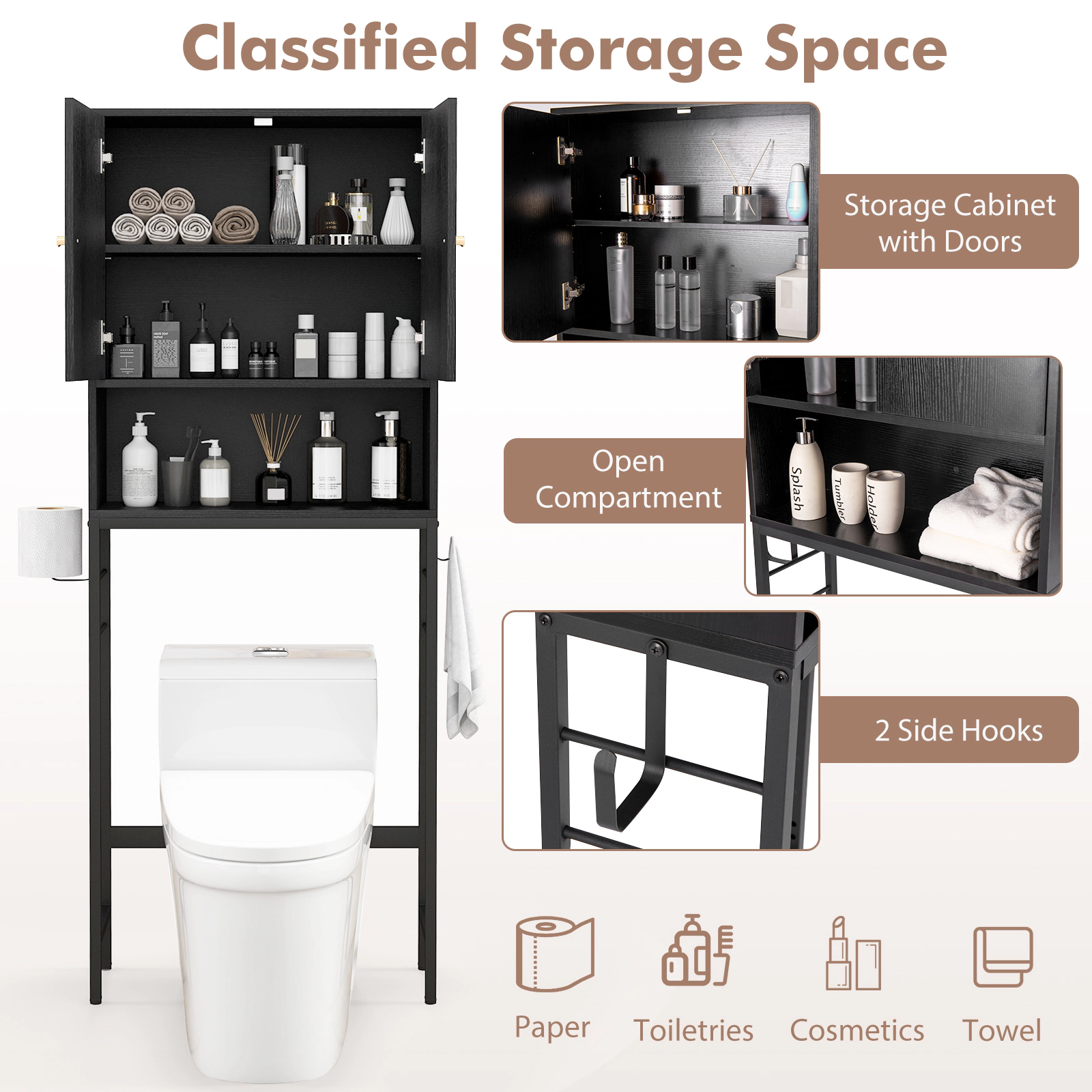 SUGIFT Over the Toilet Storage Cabinet Black with 2 Doors Side Hooks and Adjustable Shelf