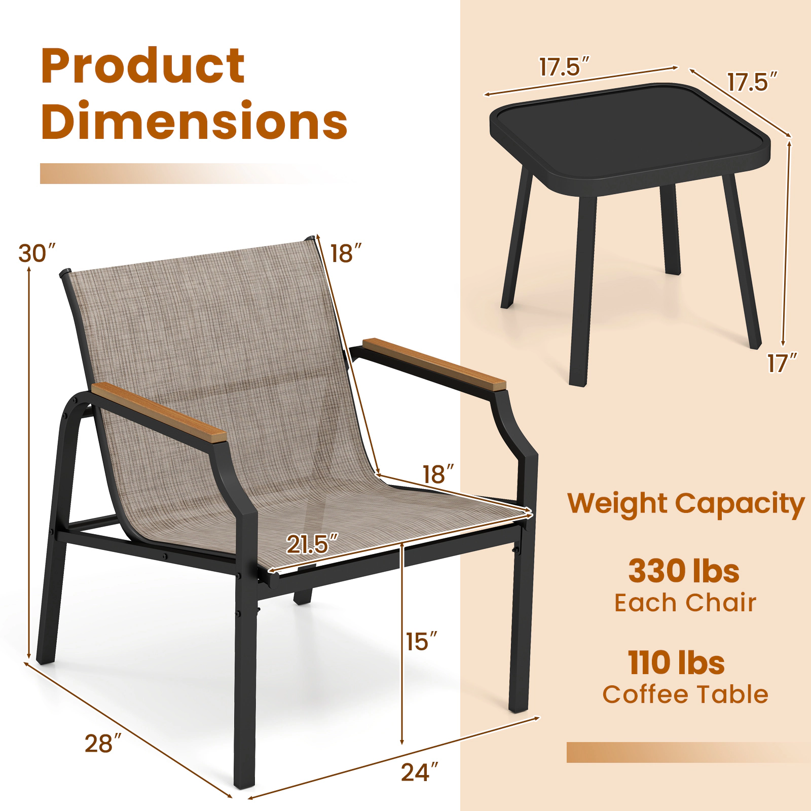 SUGIFT 3 Piece Outdoor Conversation Chair & Coffee Table Set Breathable Fabric Seats 330-Lb Chair Capacity Brown + Black