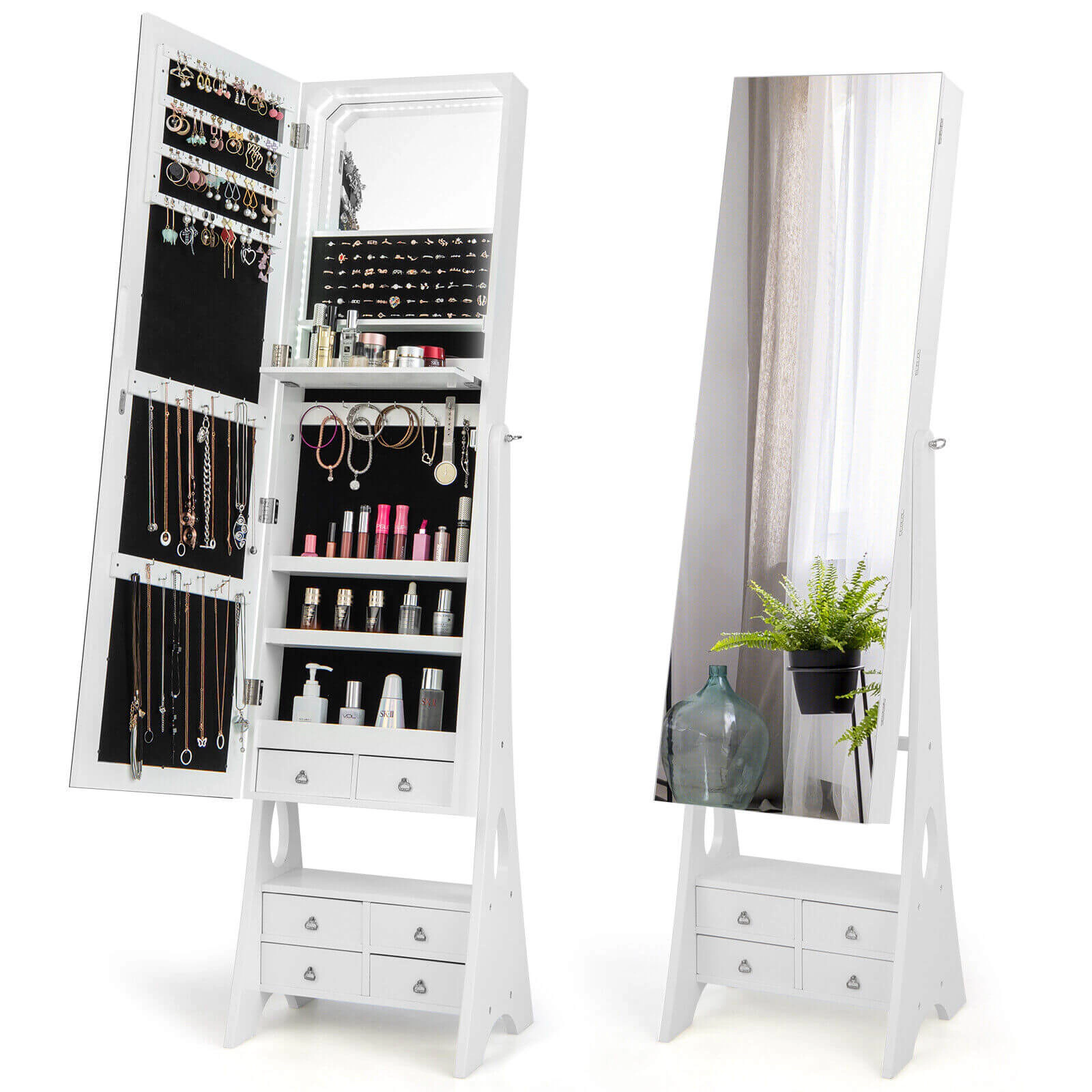 Glintex 6-Drawer LED Jewelry Armoire with Drop-Down Makeup Shelf and Triangular Feet, White