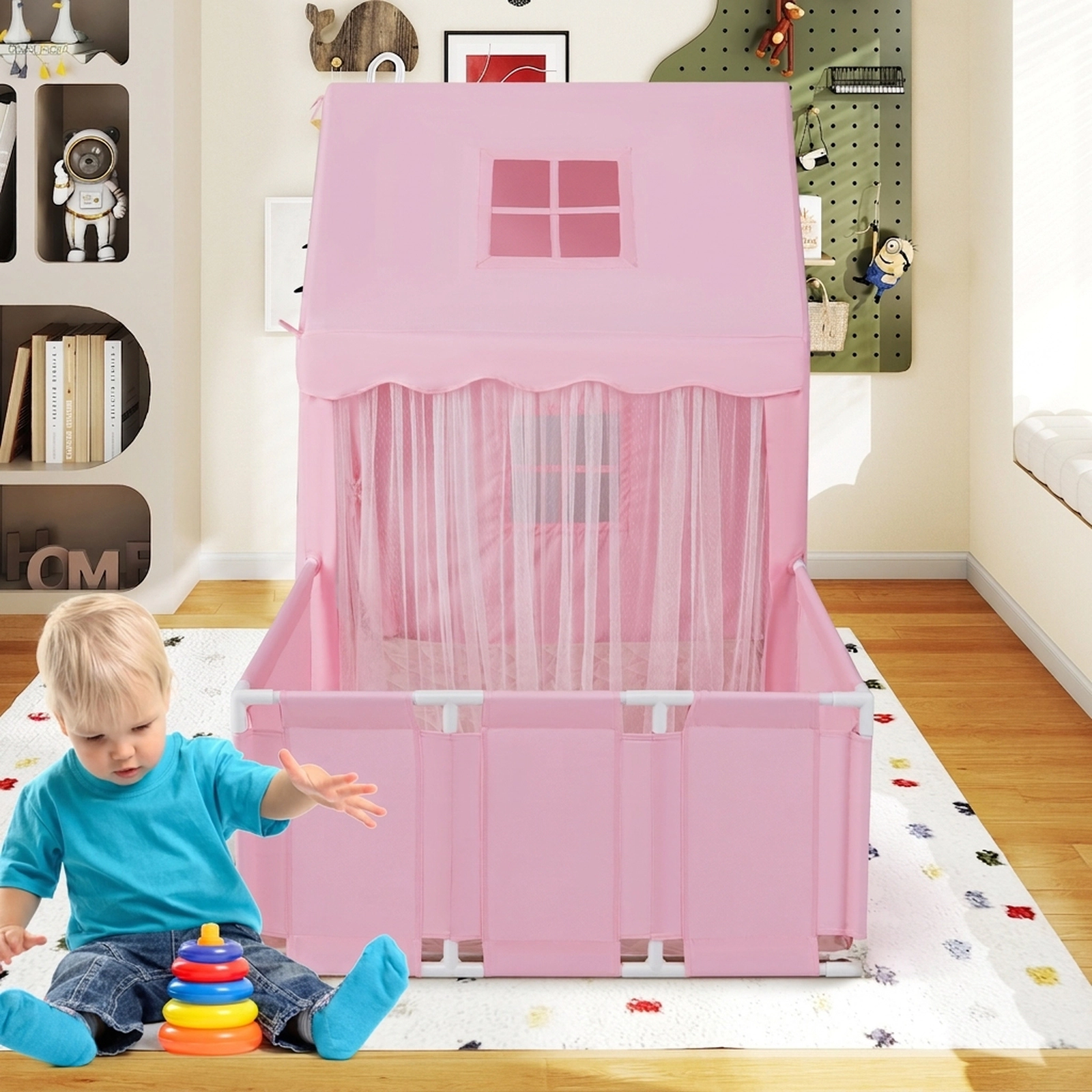 Kids Play Tent with Playpen 2-in-1 Indoor Playhouse with Attached Play Yard Star Light String Washable Mat 2 Doors Pink