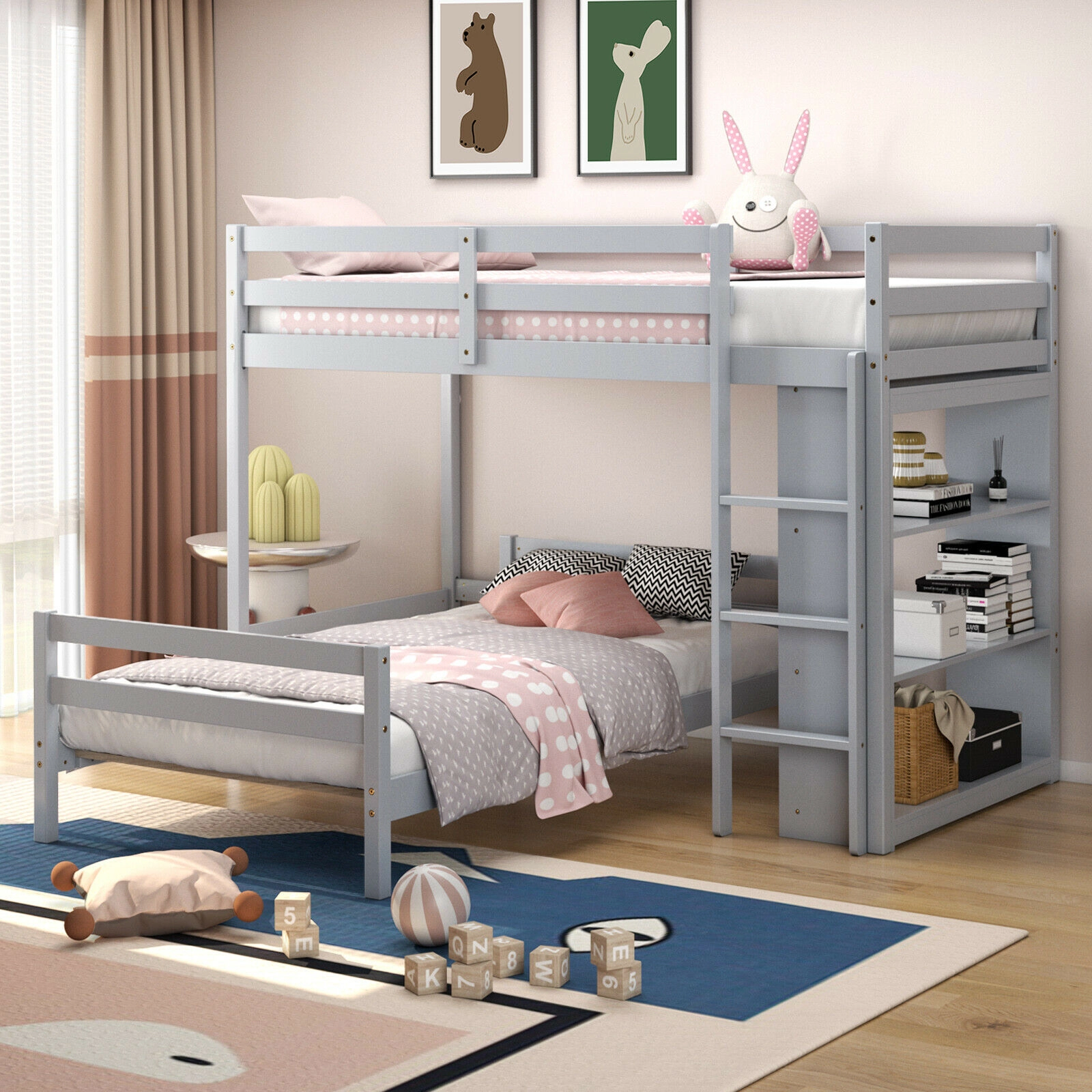 SUGIFT Twin-Over-Twin Loft Bunk Bed with 4-Tier Bookcase, Gray