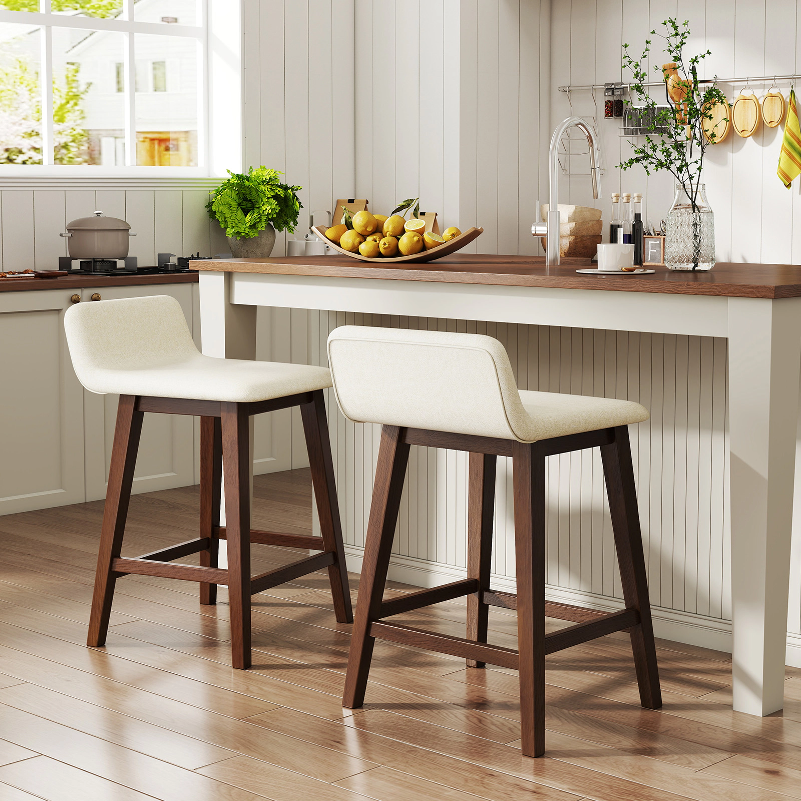 SUGIFT Set of 2 Low Back and Faux Linen Seat 24-in Seat H 330-lb Rated Counter Height Bar Stools Brown
