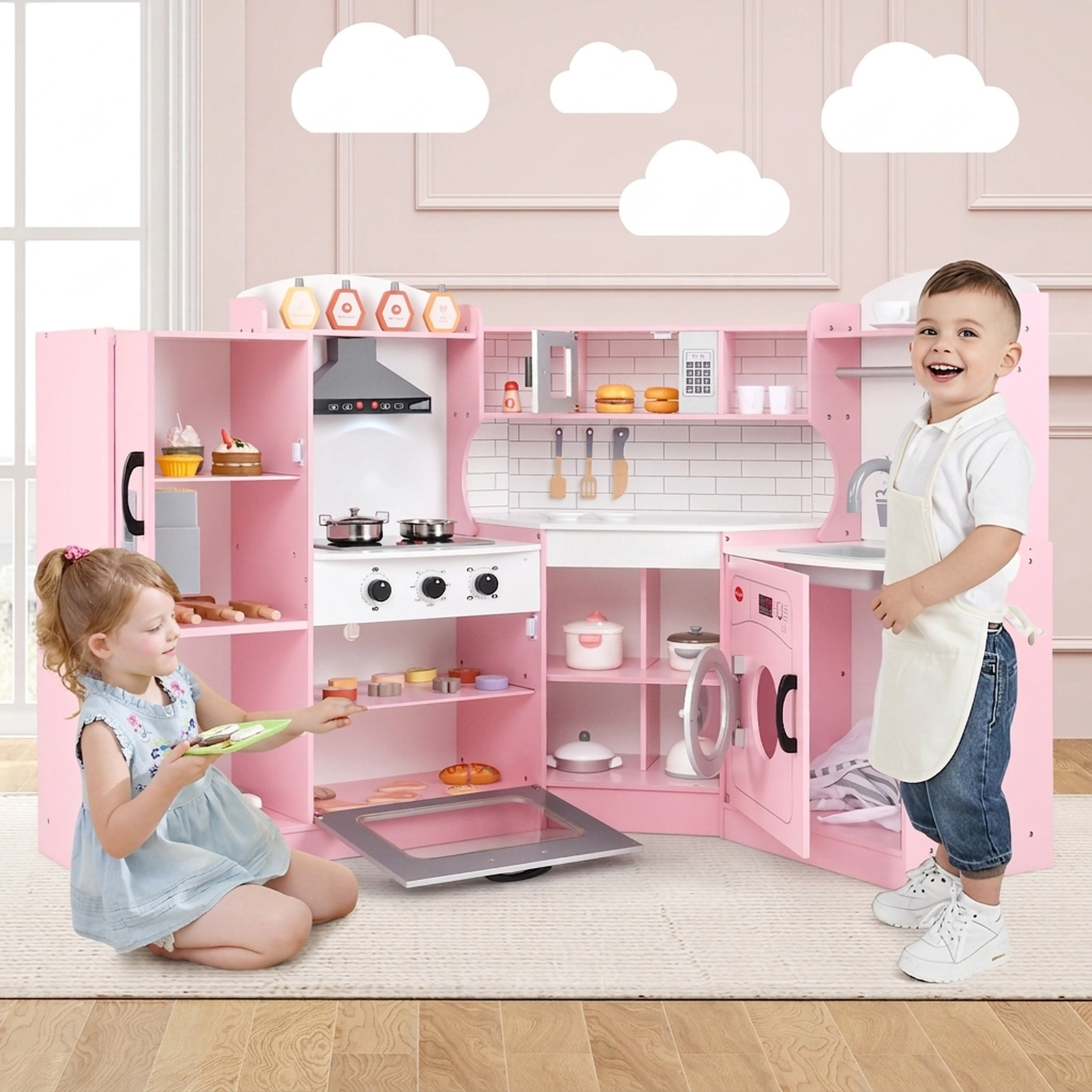 Corner Kids Play Kitchen with Washing Machine Ice Maker Towel Rack and Dual Counter Heights for Ages 3-10 Pink