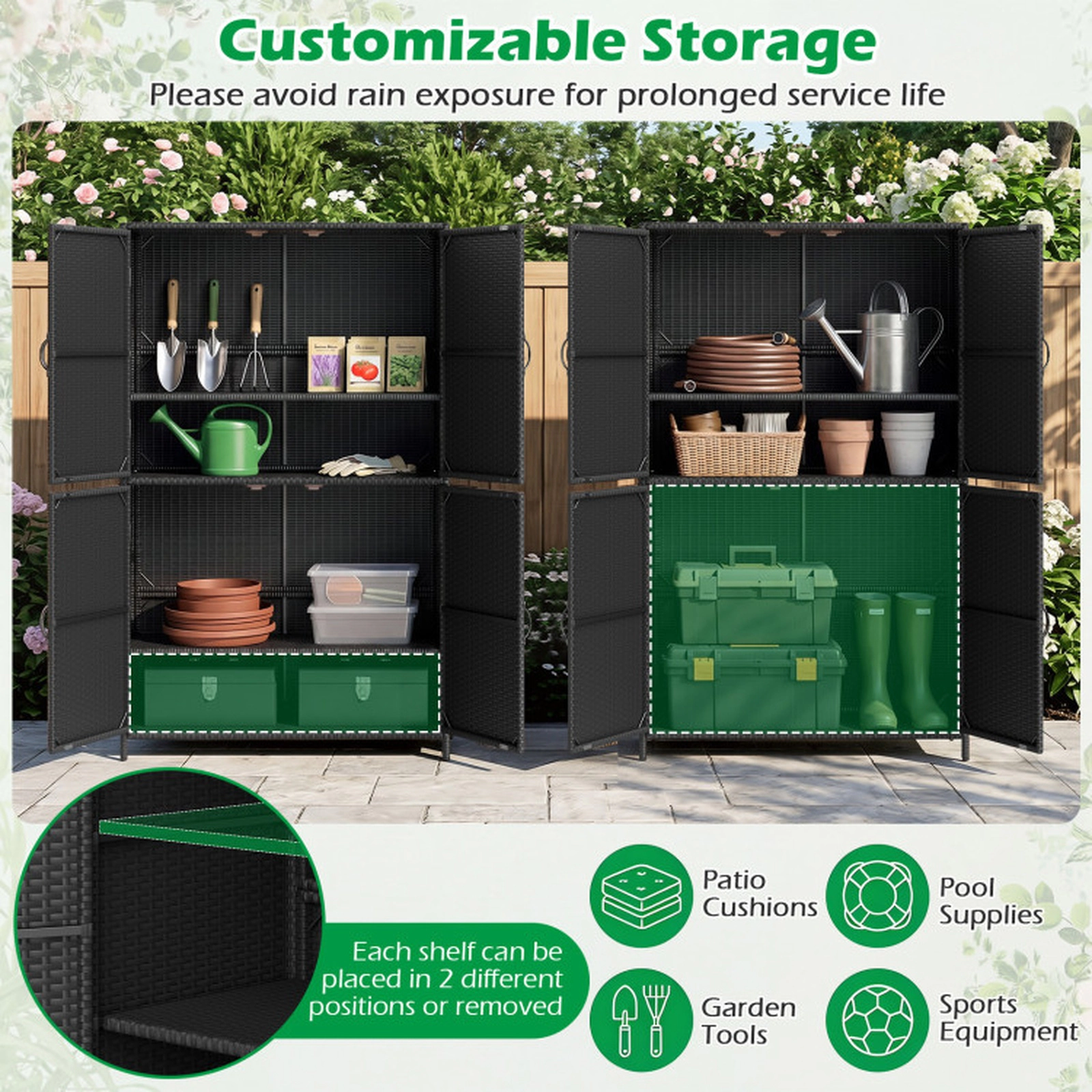 SUGIFT 4-Door Adjustable Shelves Hand-Woven PE Rattan Vertical Storage Shed 35.5-in x 16-in x 58-in 80-lb Shelf Black