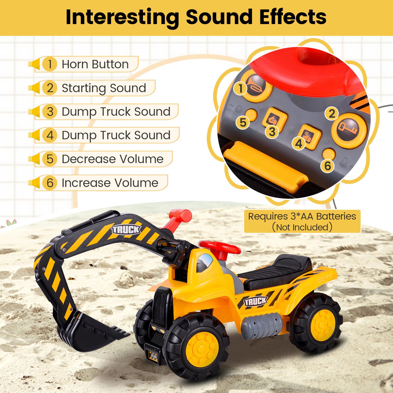 SUGIFT Ride On Push Car Bulldozer Digger Toy with Working Shovel Safety Helmet Ages 3 Years and Up Yellow