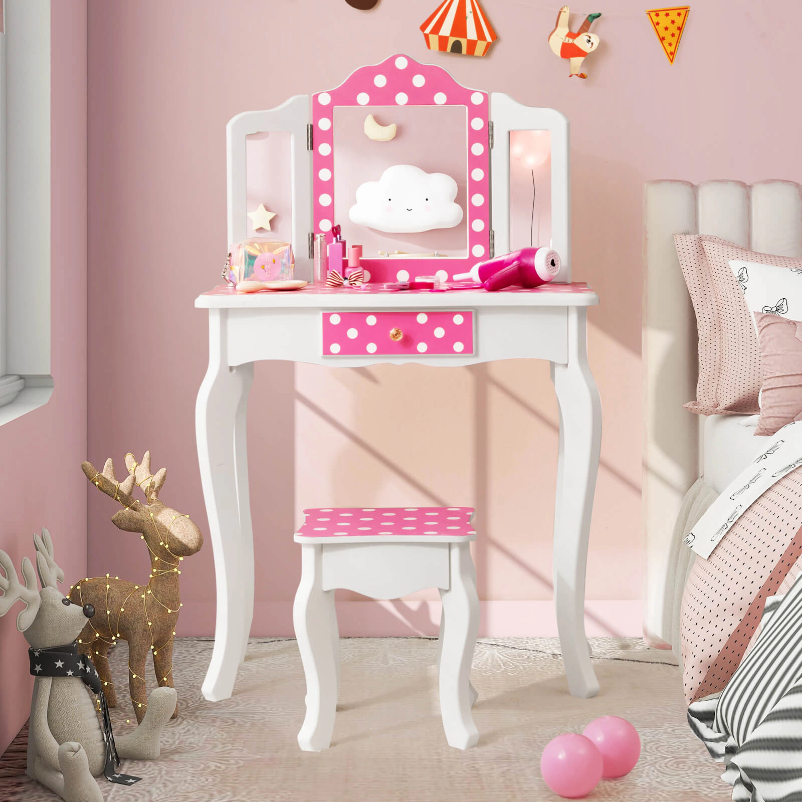 SUGIFT Pink Tri-Folding Mirror and Polka Dot Print Kids Vanity Table and Stool Set