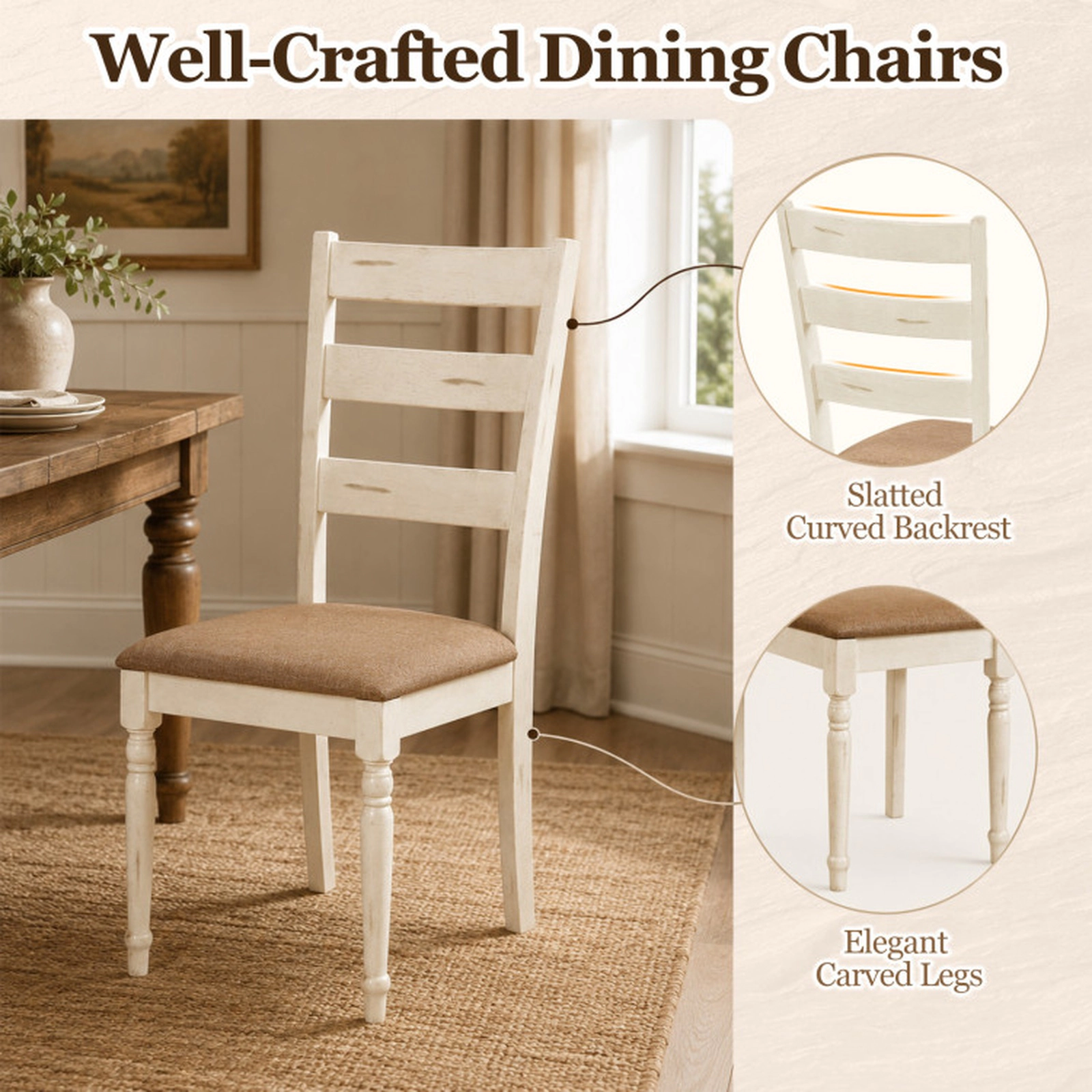 SUGIFT Rubber Wood Dining Chairs Set of 2 with Padded Linen Seat and Slatted Backrest 330-lb Capacity White Brown