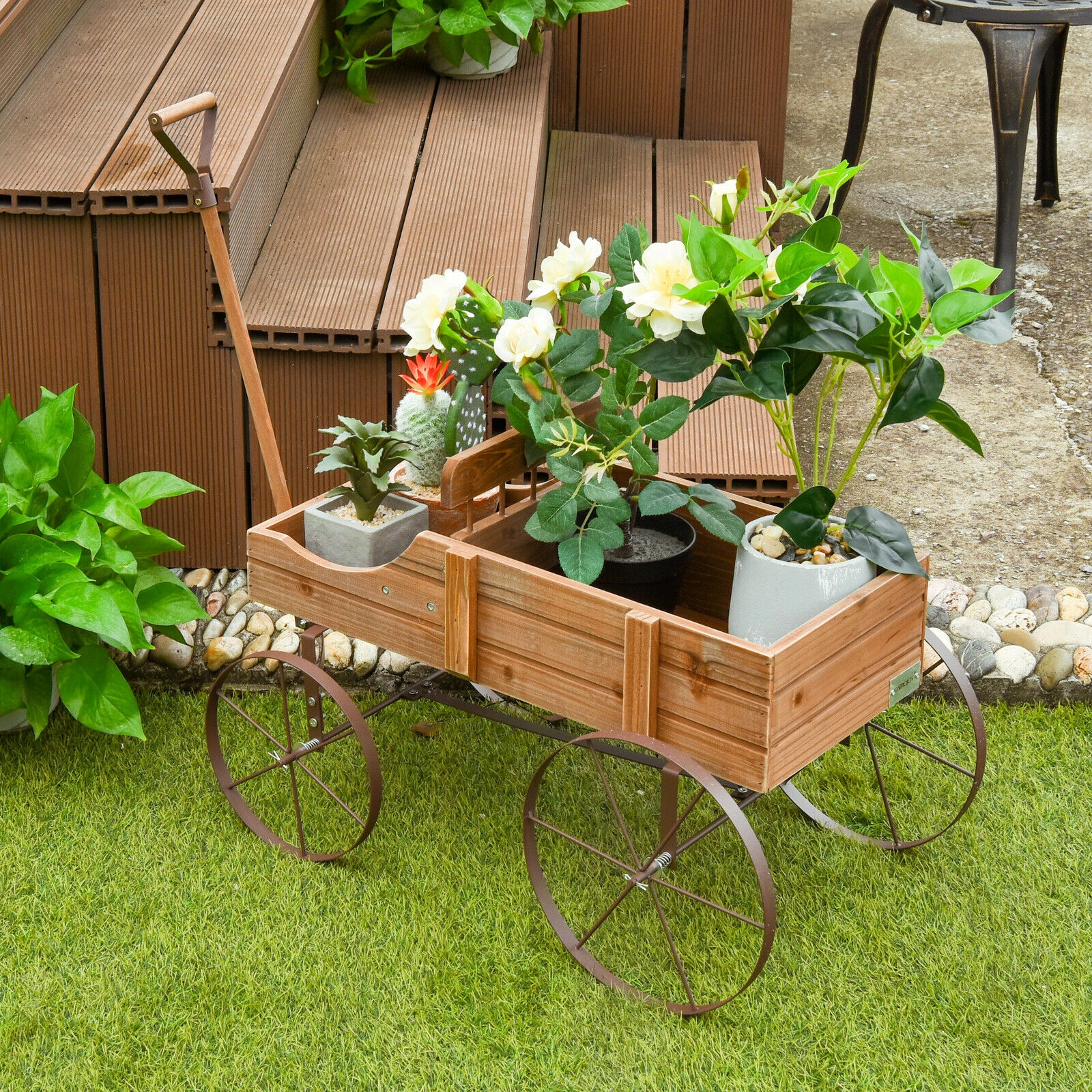 SUGIFT 24.5-in 33-lb Capacity Fir Wood Wagon Garden Planter with 4 Metal Wheels and Pull Handle