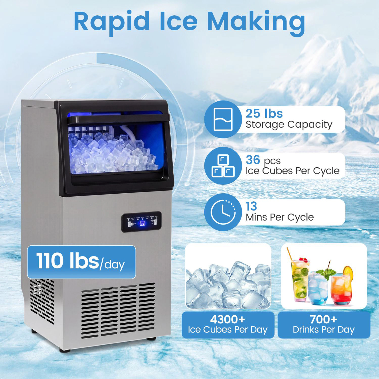 SlickBlue Silver - Black Ice Machine, 110 Lbs Daily, 36 Cubes