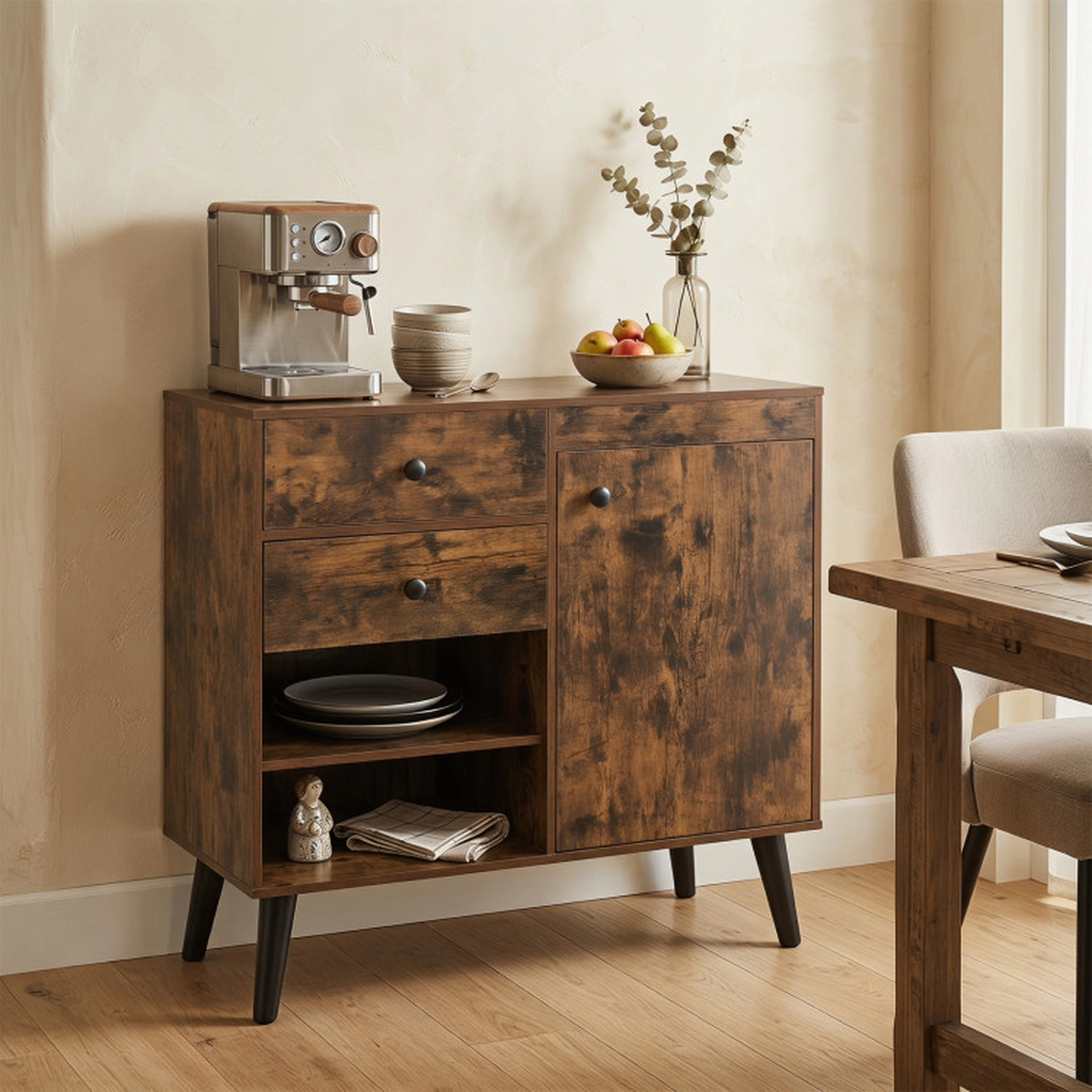 SUGIFT 31-in Sideboard Cabinet with 2 Open Compartments 2 Drawers and Single-Door Cabinet 135-lb Capacity Rustic Brown
