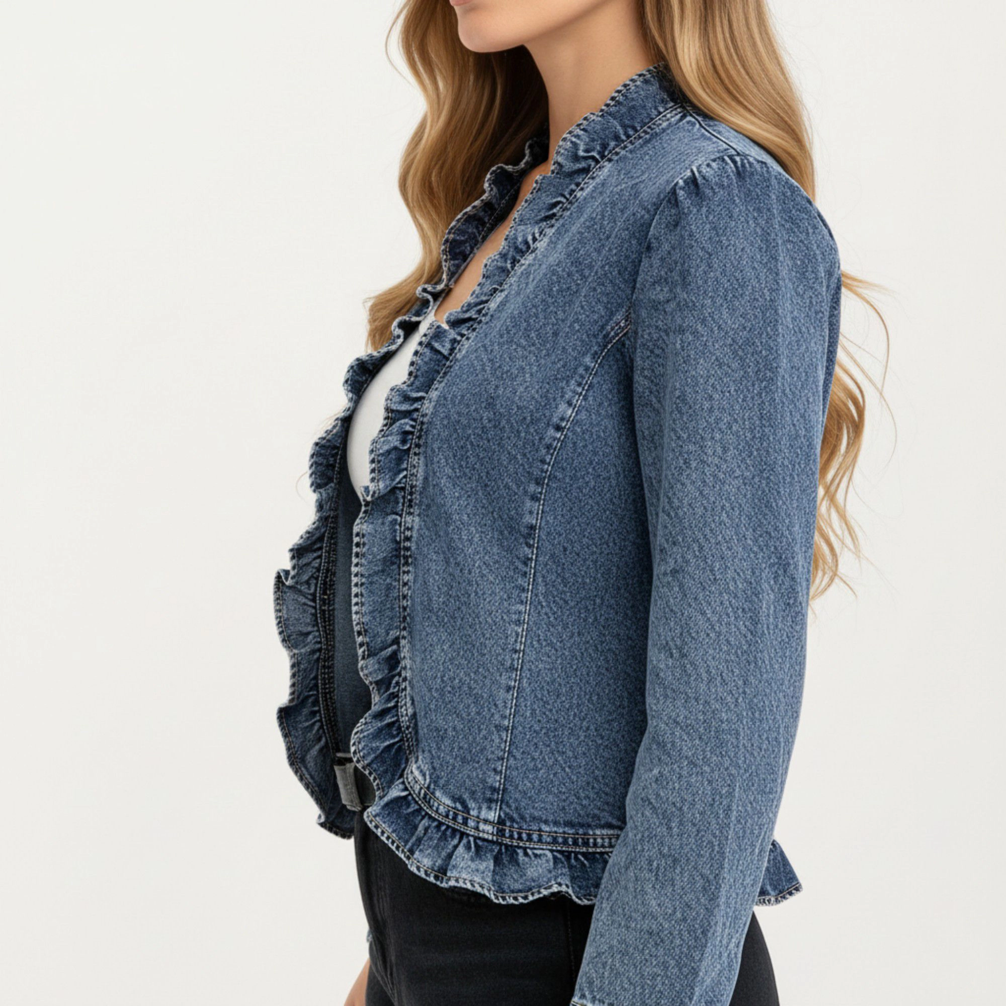 Anna-Kaci Womens Lightweight Ruffle Trim Open Front Denim Jacket