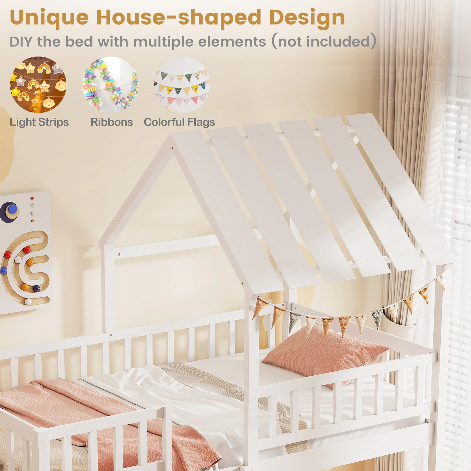 SUGIFT White Roof and Full-Length Guardrails Twin Over Twin Kids House Bunk Bed