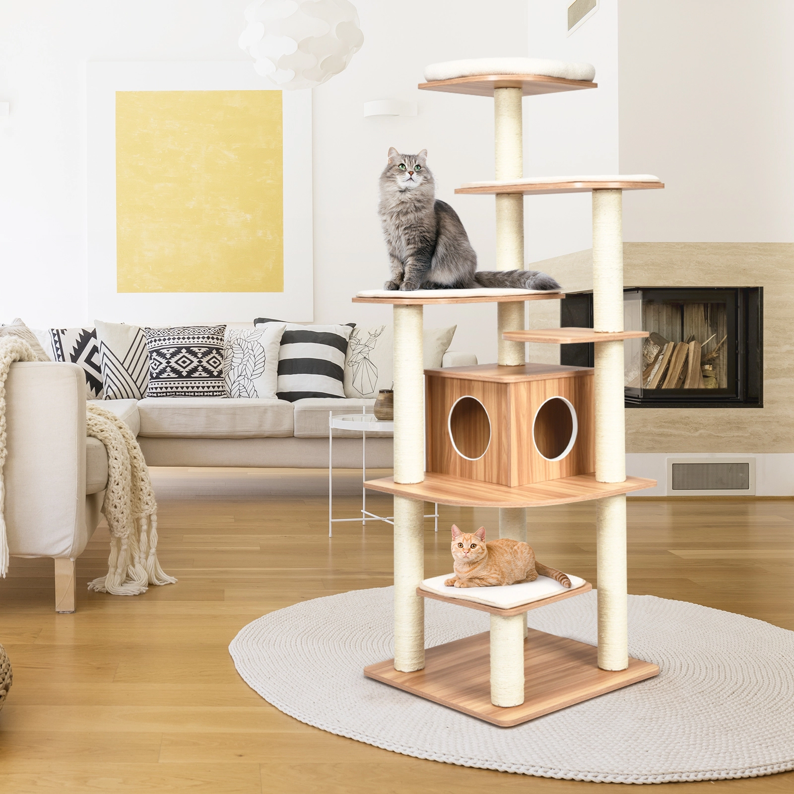 SUGIFT Natural 7-Layer Wooden Cat Tree 71 in Tall with Condo and Sisal Posts