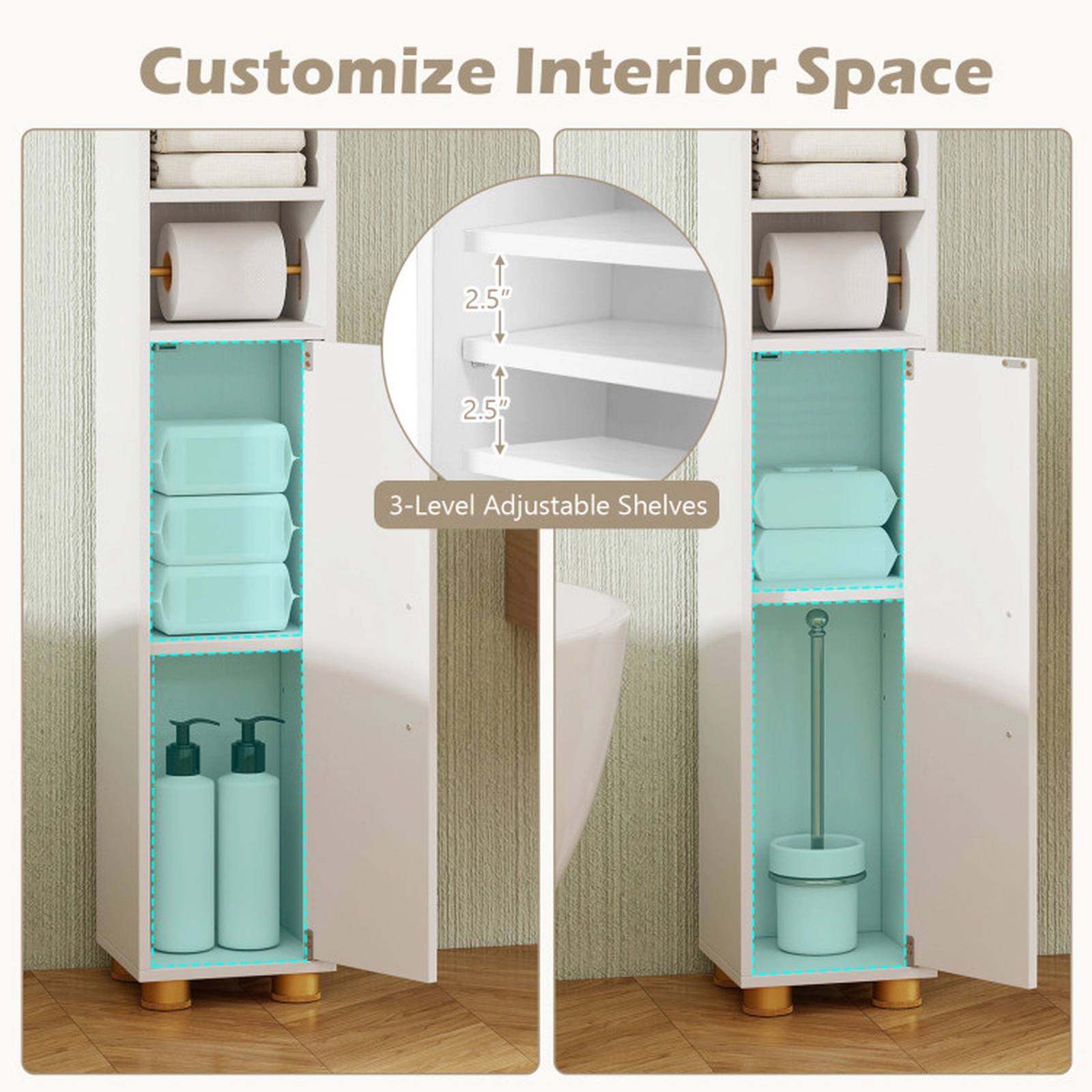 SUGIFT Narrow Toilet Paper Holder 2 Open Shelves Bathroom Storage Cabinet 8-in x 8-in x 69.5-in 11-lb per Shelf White