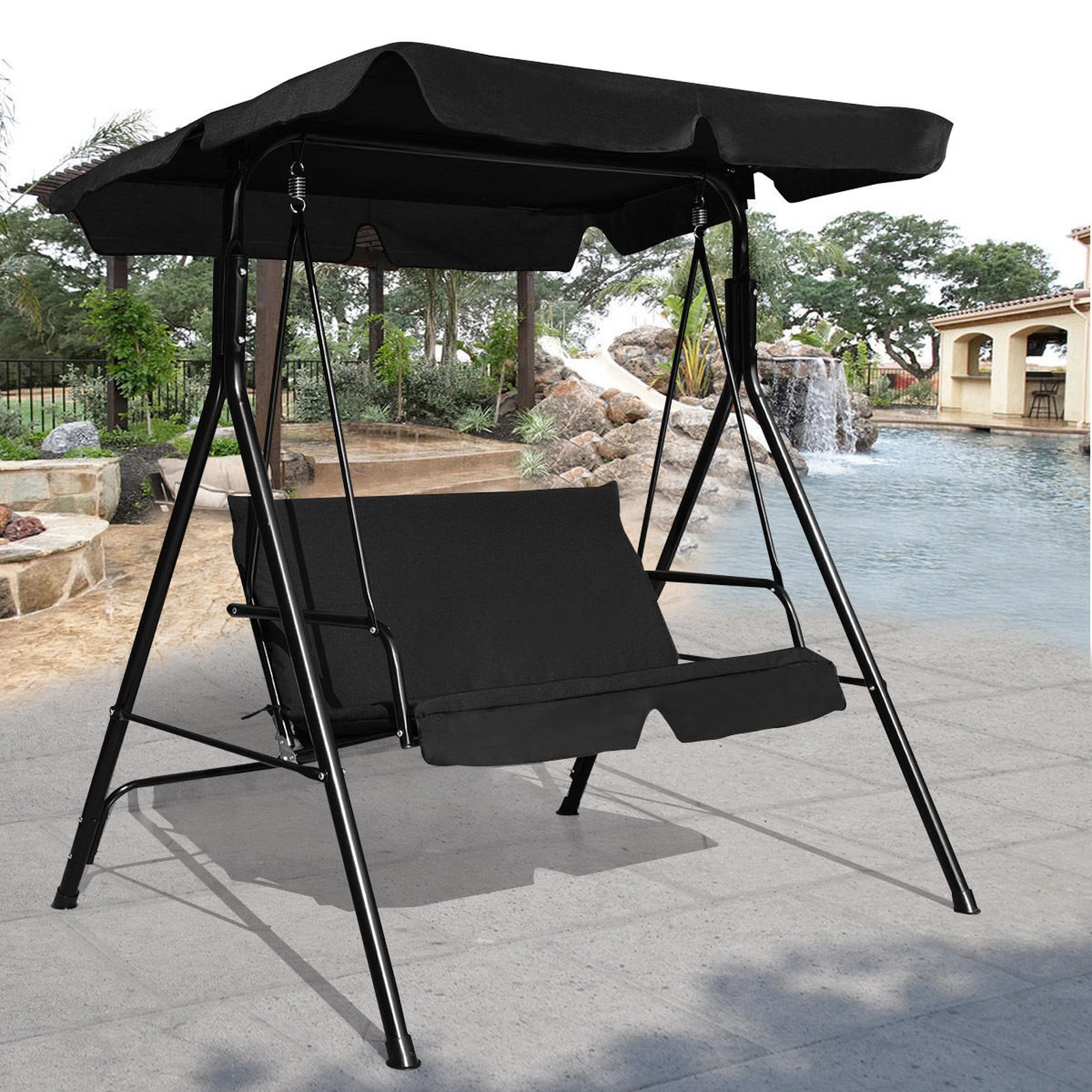 SUGIFT Outdoor Loveseat Patio Swing Chair Glider with Cushions 390-lb Capacity 55-in Frame with Canopy Black