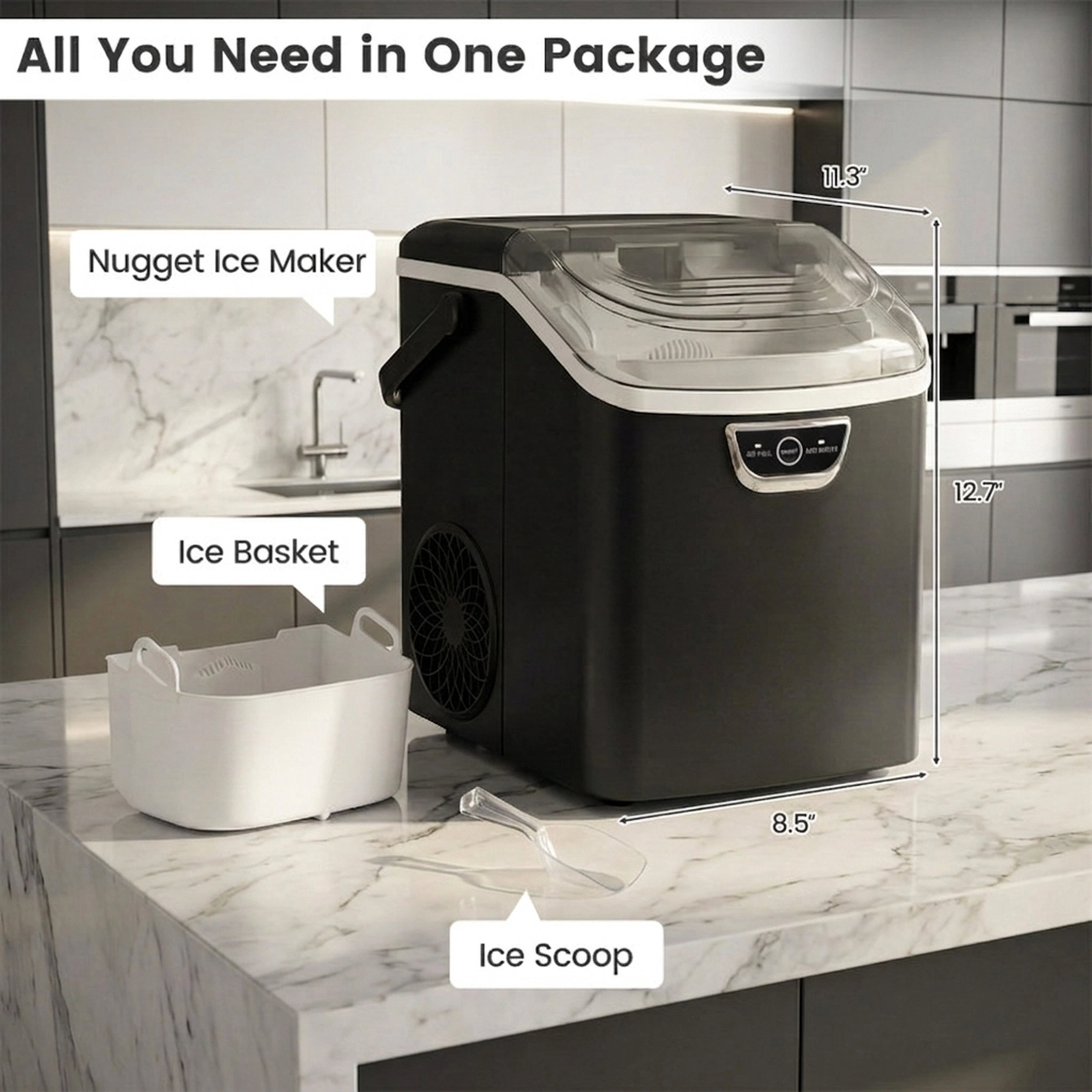 SUGIFT Soft Nugget Ice Maker Countertop 33-lb Daily Production 0.3-Gal Water Tank with Audible Ice Full Alarm Black