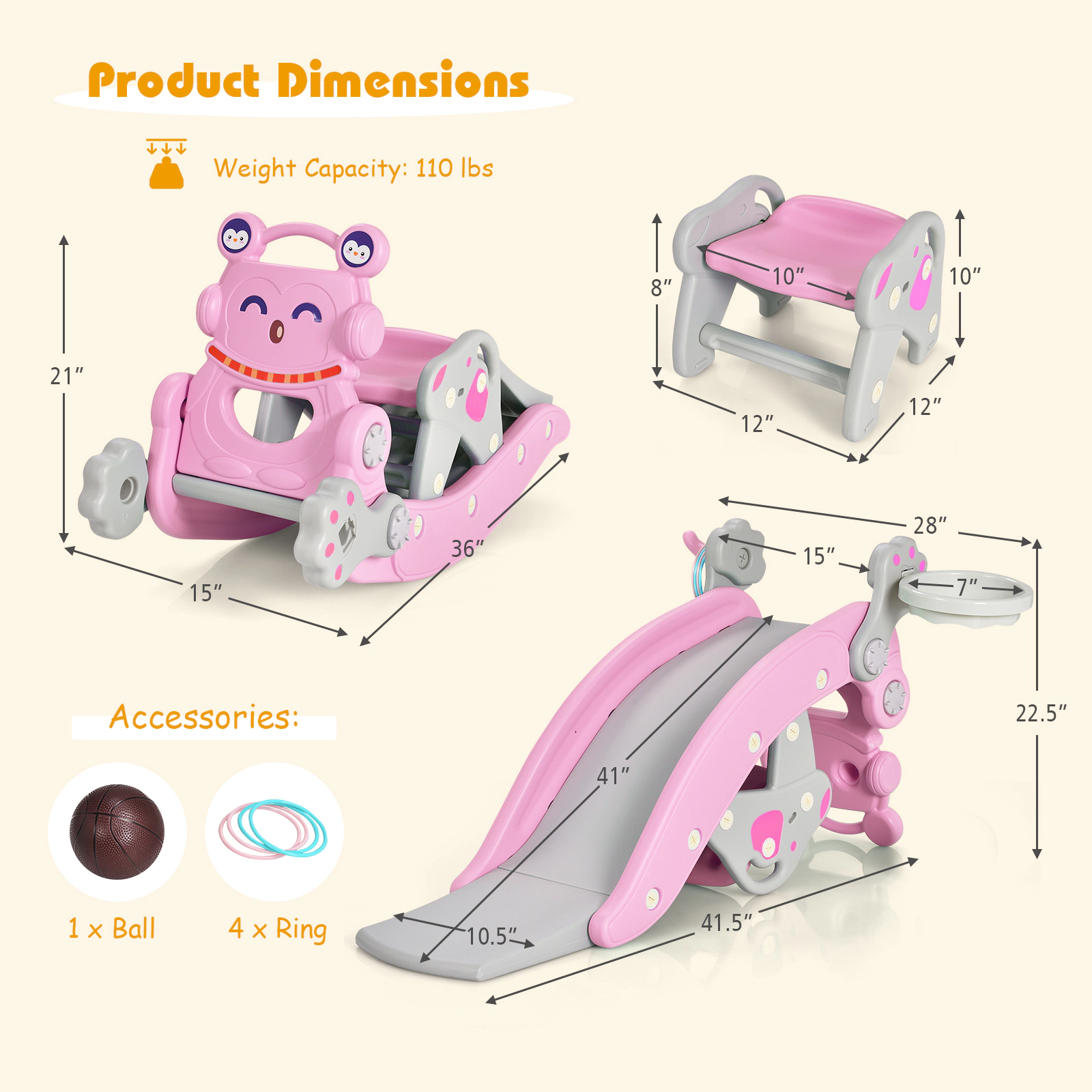 4-in-1 Toddler Slide and Rocking Horse Set Basketball Hoop Ring Toss and Detachable Seat 132-lb Capacity Ages 1-5 Pink