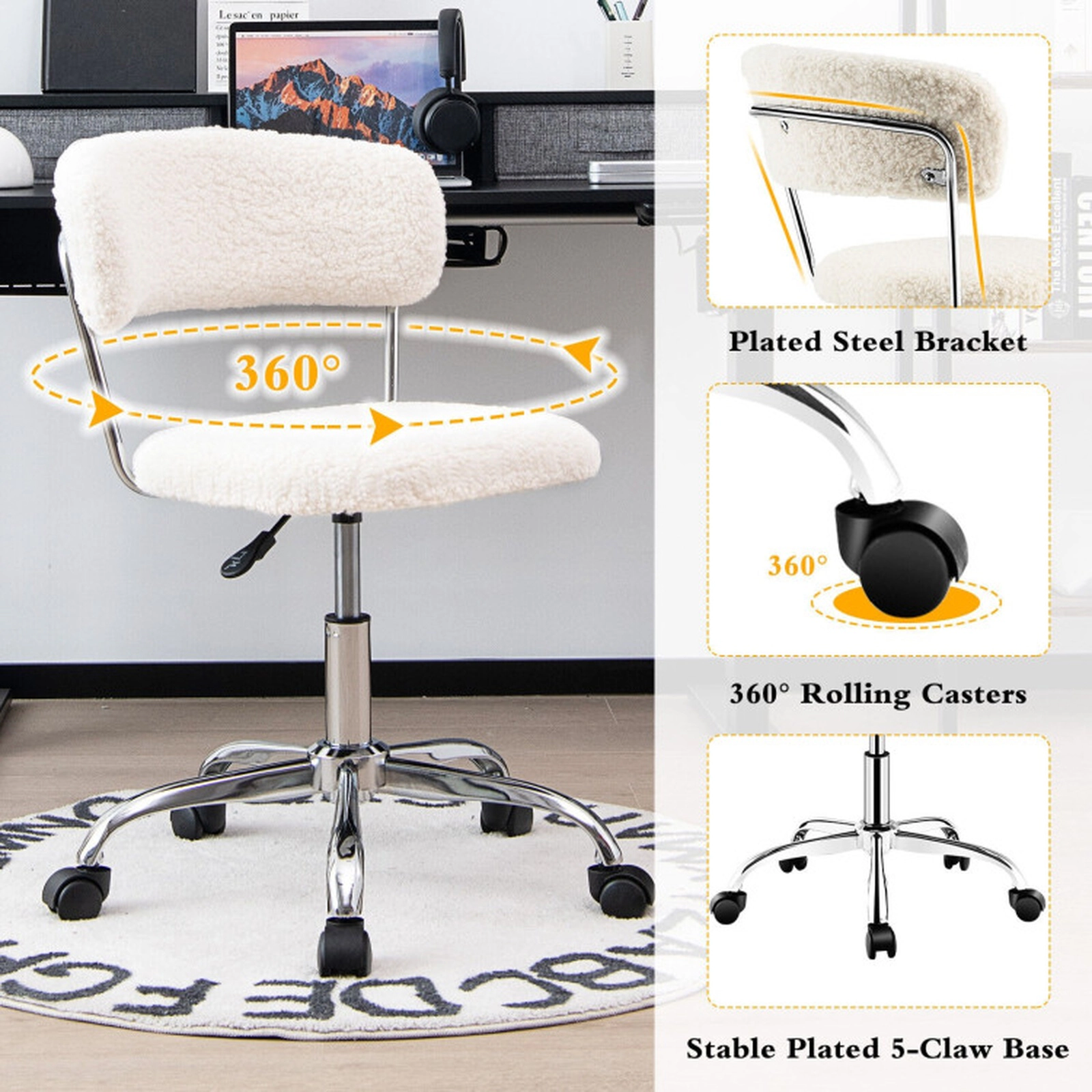 SUGIFT Sherpa Upholstered Armless Swivel Vanity Desk Chair 24-in x 24-in x 28.5-in 330-lb Capacity 5 Casters White