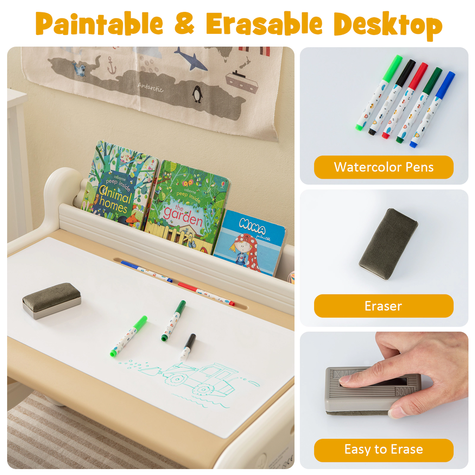 SUGIFT Kids Drawing Table and Chair Set with Watercolor Pens and Blackboard Eraser 66-lb Table 3-8 Years Brown