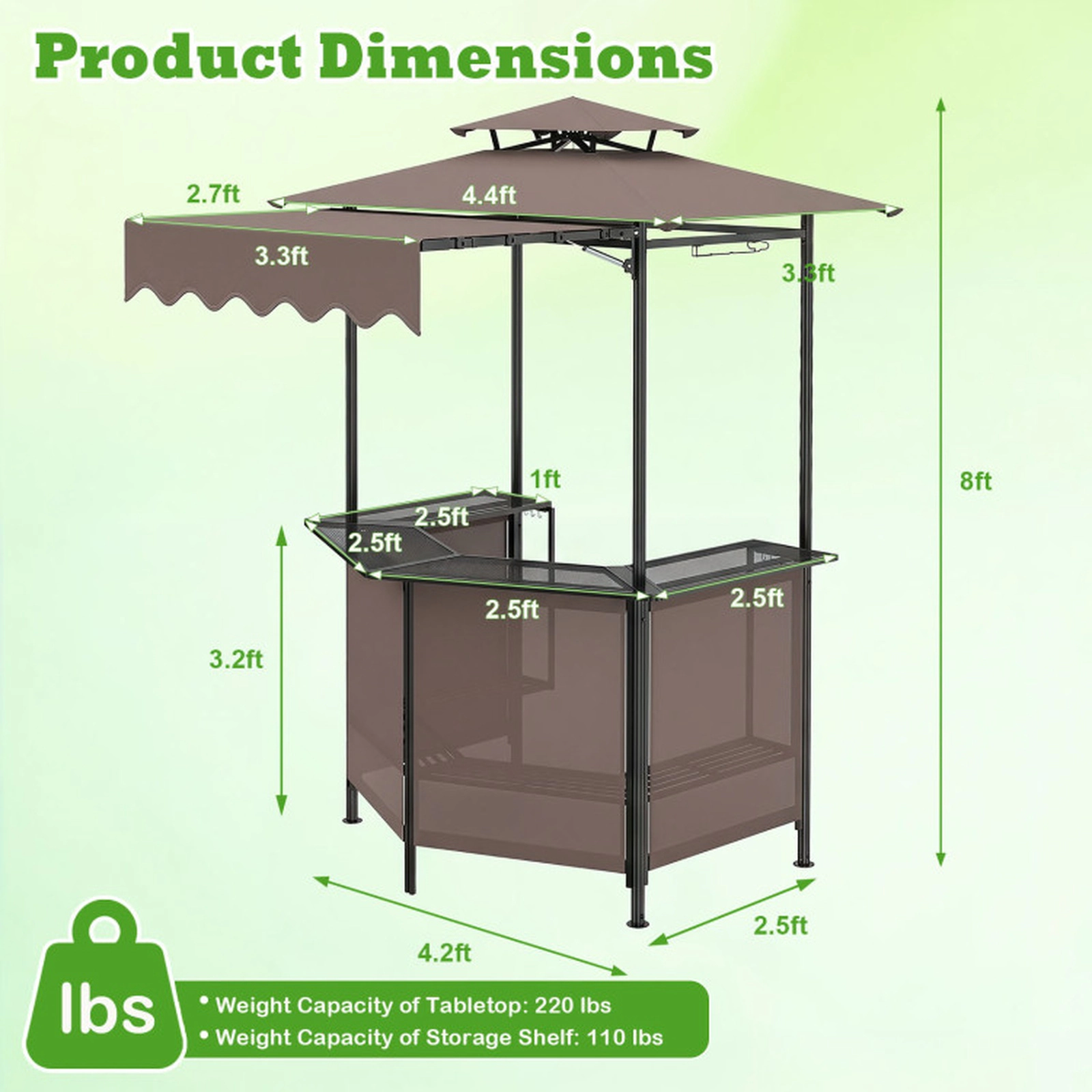 SUGIFT Brown 4 Slatted Metal Shelves 6 Hooks and Glass Holders BBQ Grill Gazebo Canopy