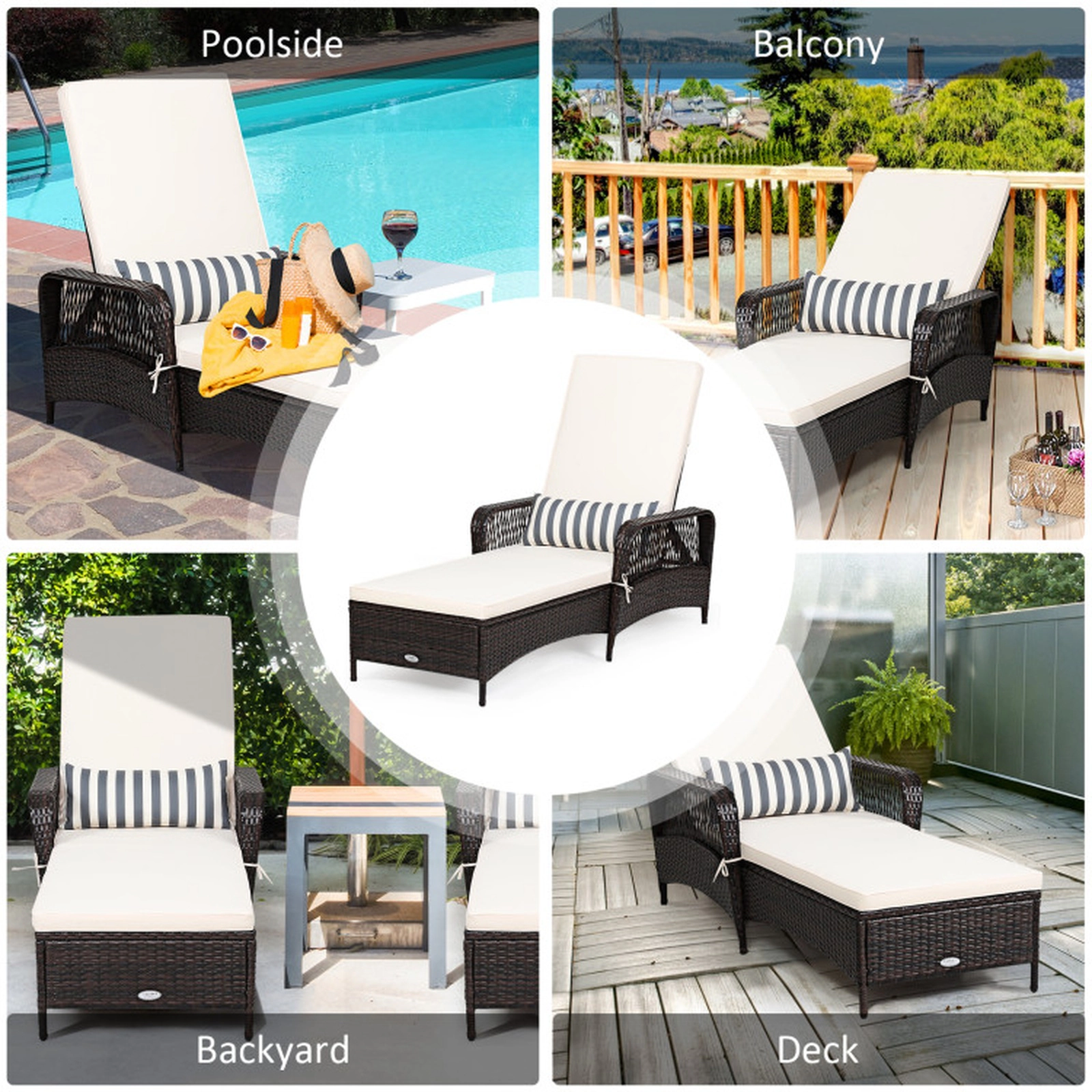 SUGIFT Off White 6-Gear Backrest Padded Cushion and Lumbar Pillow PE Rattan Chaise Lounge Recliner