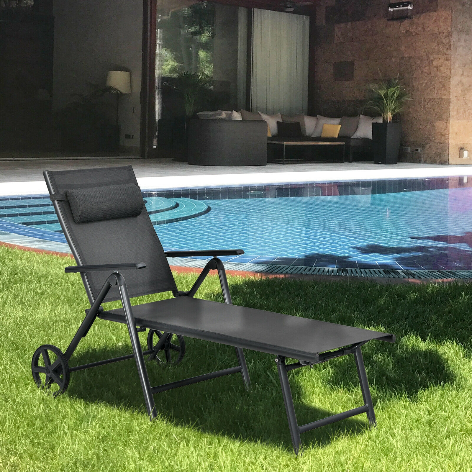SUGIFT 7-Position Aluminum Patio Lounge Chair with Wheels and Neck Pillow 330-Lb Capacity Gray
