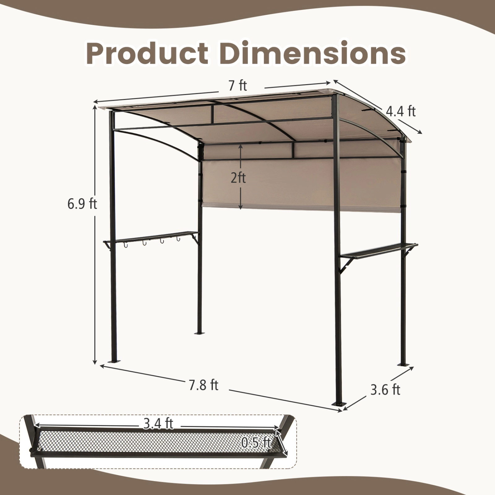 SUGIFT Outdoor BBQ Gazebo Canopy with Sidewall Metal Shelves Hooks and Bottle Openers 7.8 x 4.4 x 6.9 in Brown