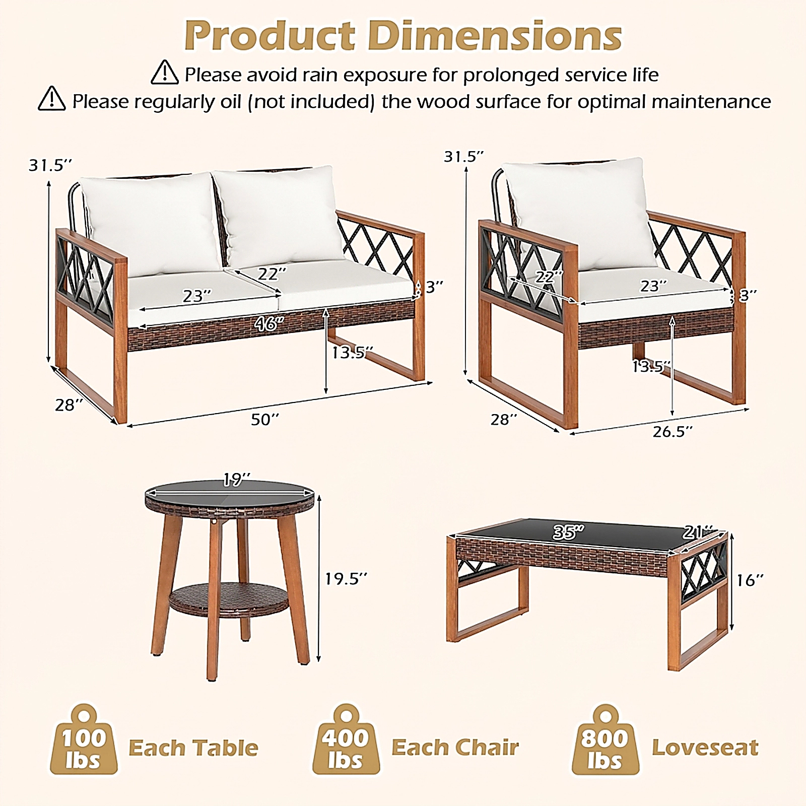 SUGIFT 5 Piece PE Wicker Patio Furniture Set with Acacia Wood Frame Loveseat and 2 Tables