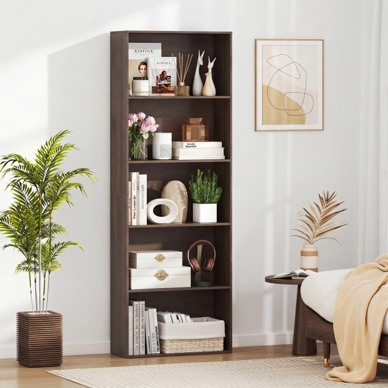 SUGIFT 5-Tier Freestanding Open Bookcase Bookshelf with 24-in Frame 45-lb Per Shelf Storage Organizer Dark Walnut
