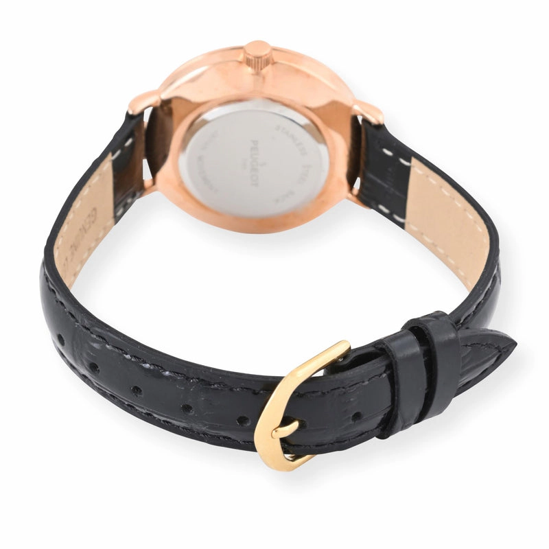 Peugeot Women's 30mm Rose Gold Case Watch with Black Genuine Leather Band