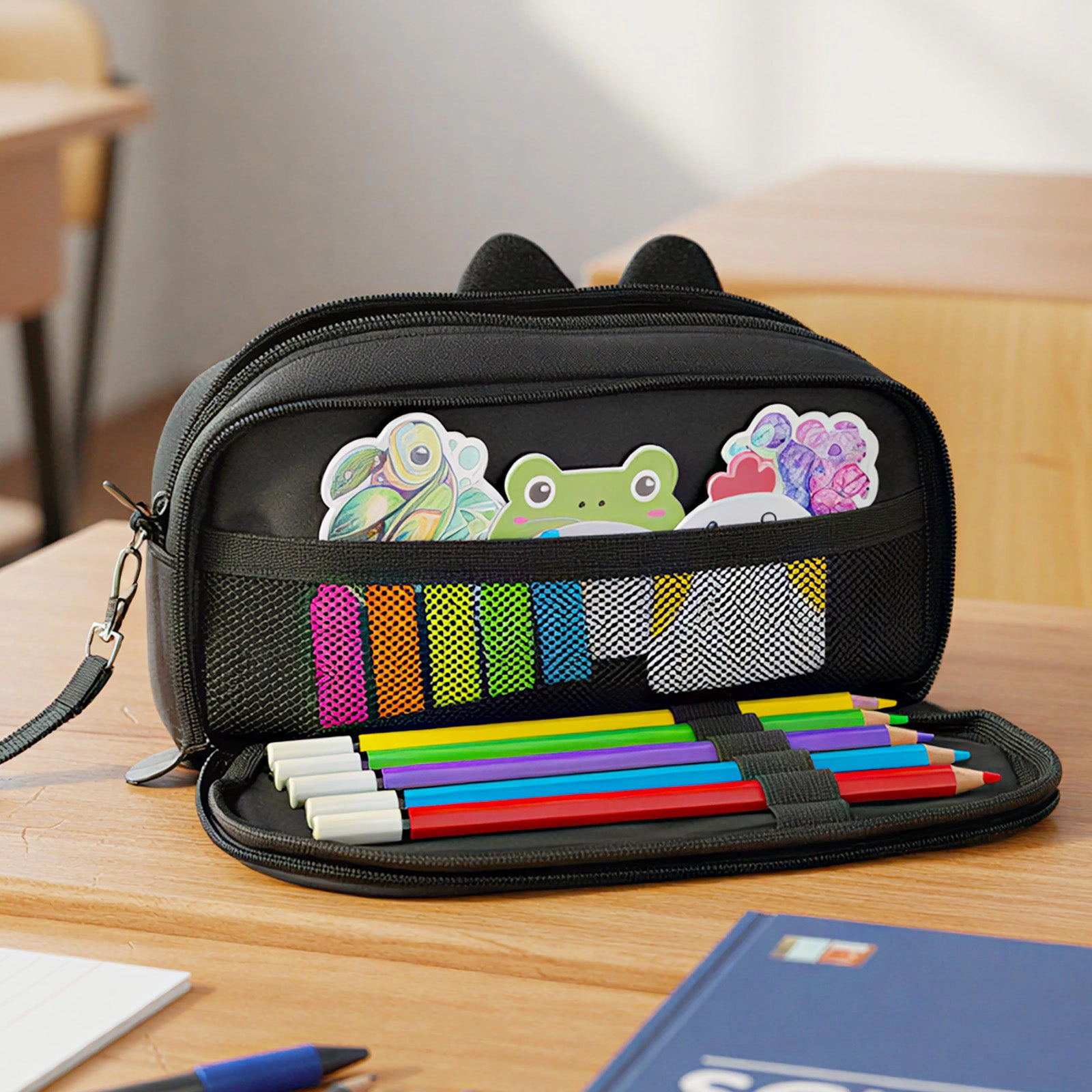 Wrapables 3D Cat 2-Compartment Pencil Case, Midnight Cat