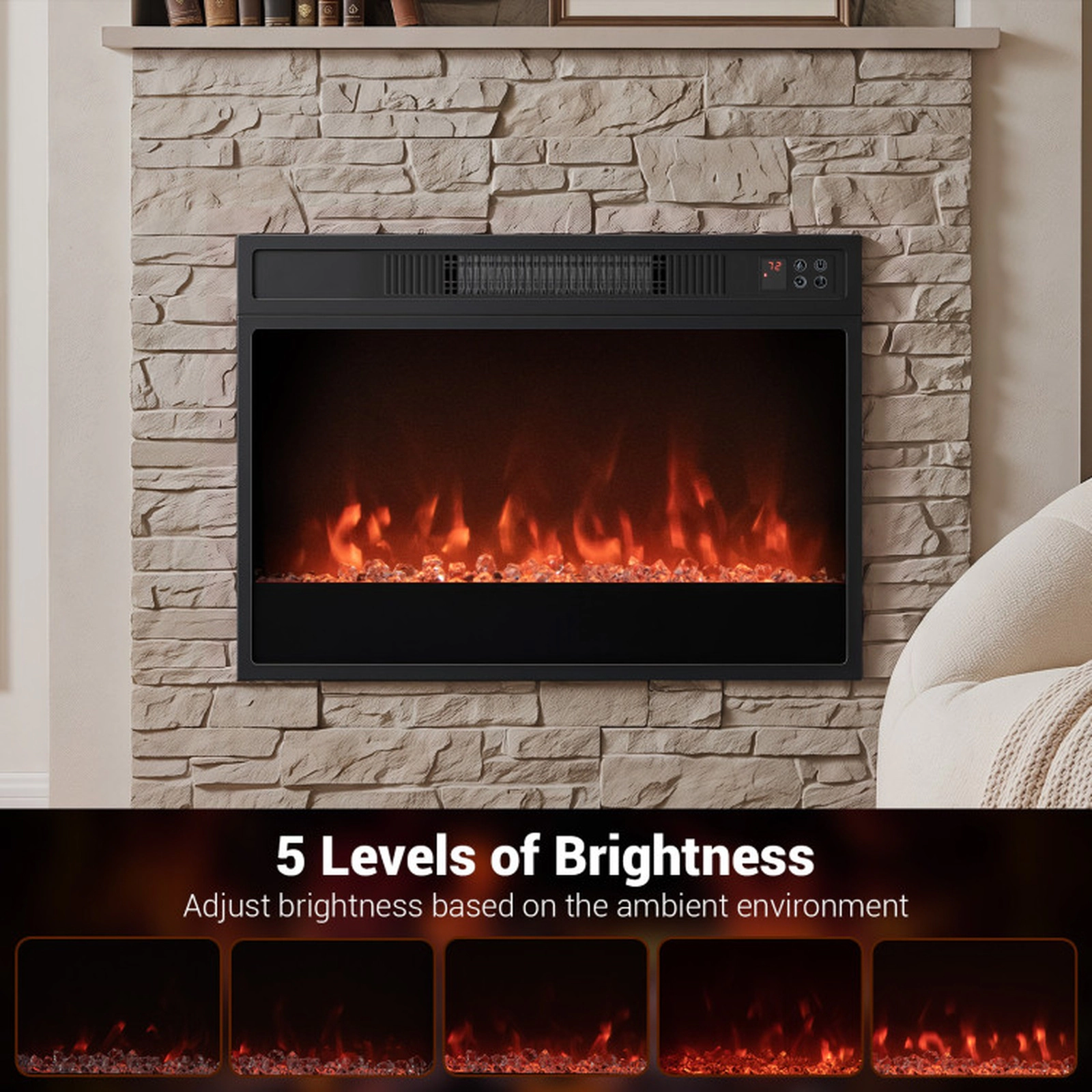 SUGIFT 5000 BTU Electric Fireplace Insert with Thermostat and Remote Control 1400W Metal Tempered Glass Black