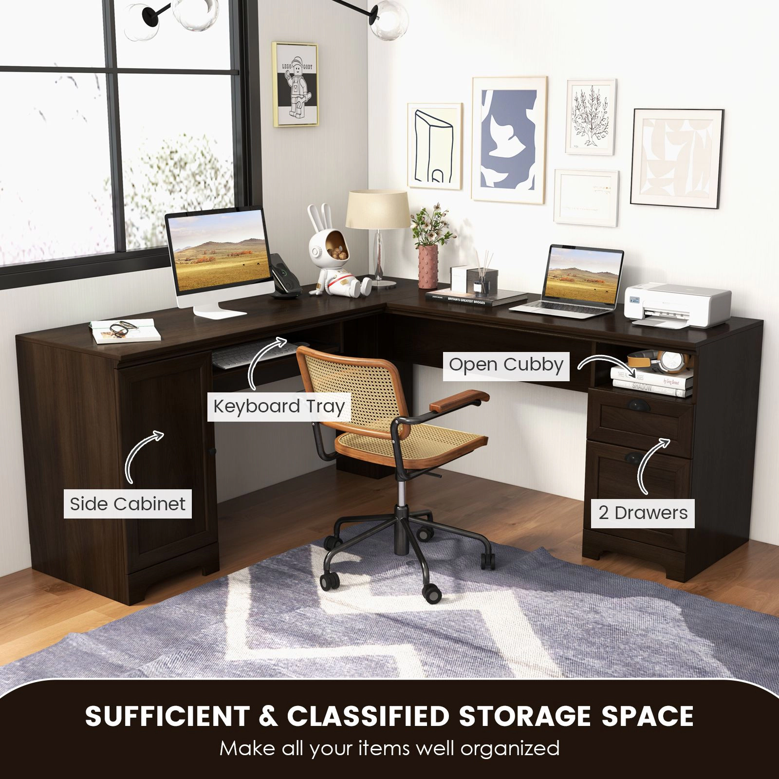 SlickBlue 66 Inch L-Shaped Computer Desk With Storage Cabinet