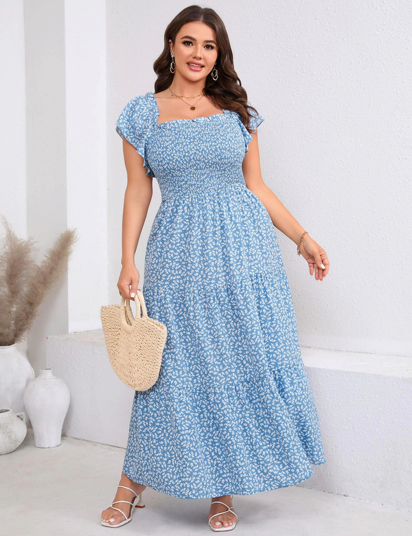YesFashion Women's Plus Smocked Square Neck Boho Maxi Dress