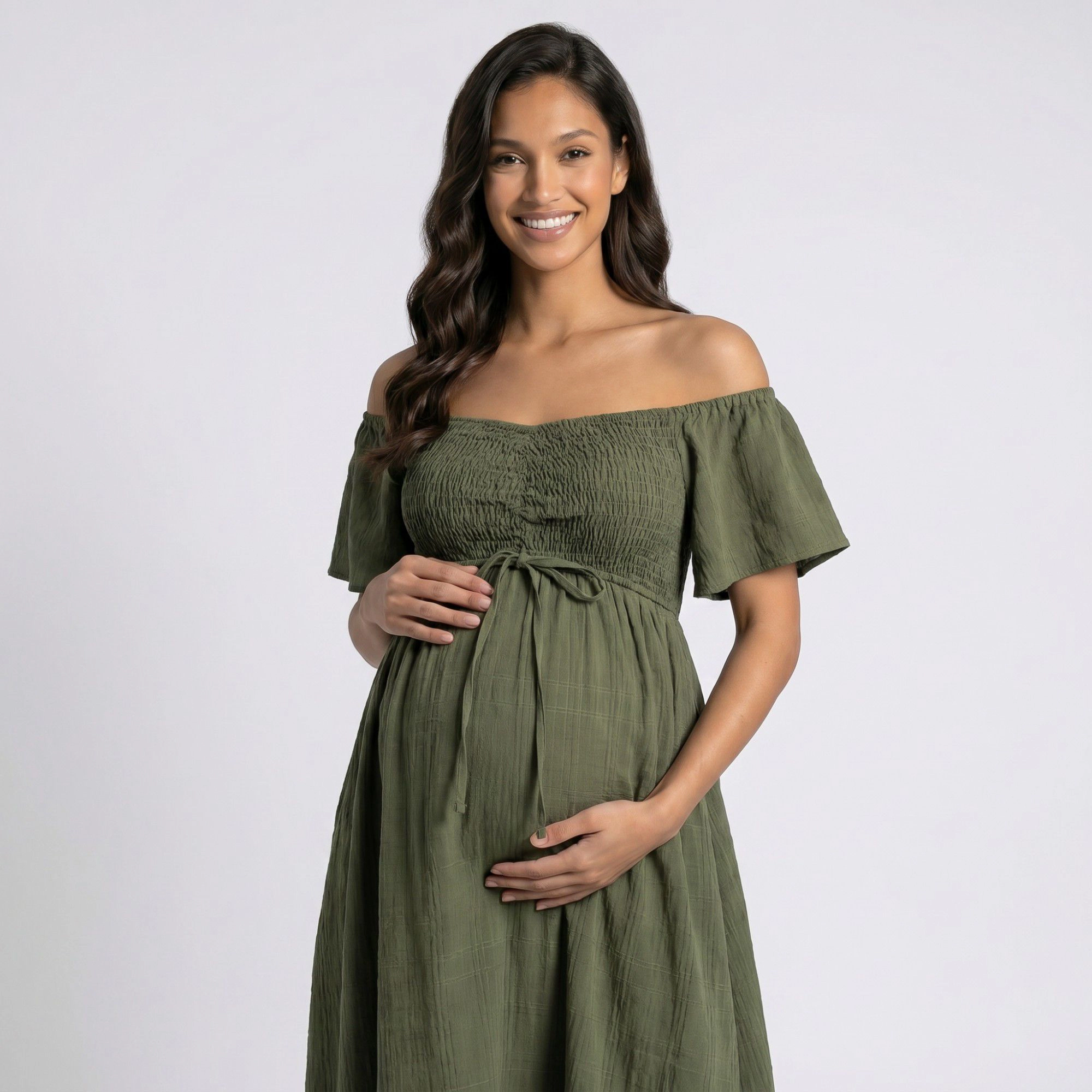 Anna-Kaci Women's Off Shoulder Smocked Bodice Front Slit Maternity Maxi Dress