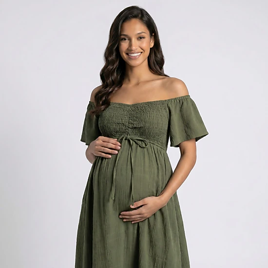 Anna-Kaci Women's Off Shoulder Smocked Bodice Front Slit Maternity Maxi Dress