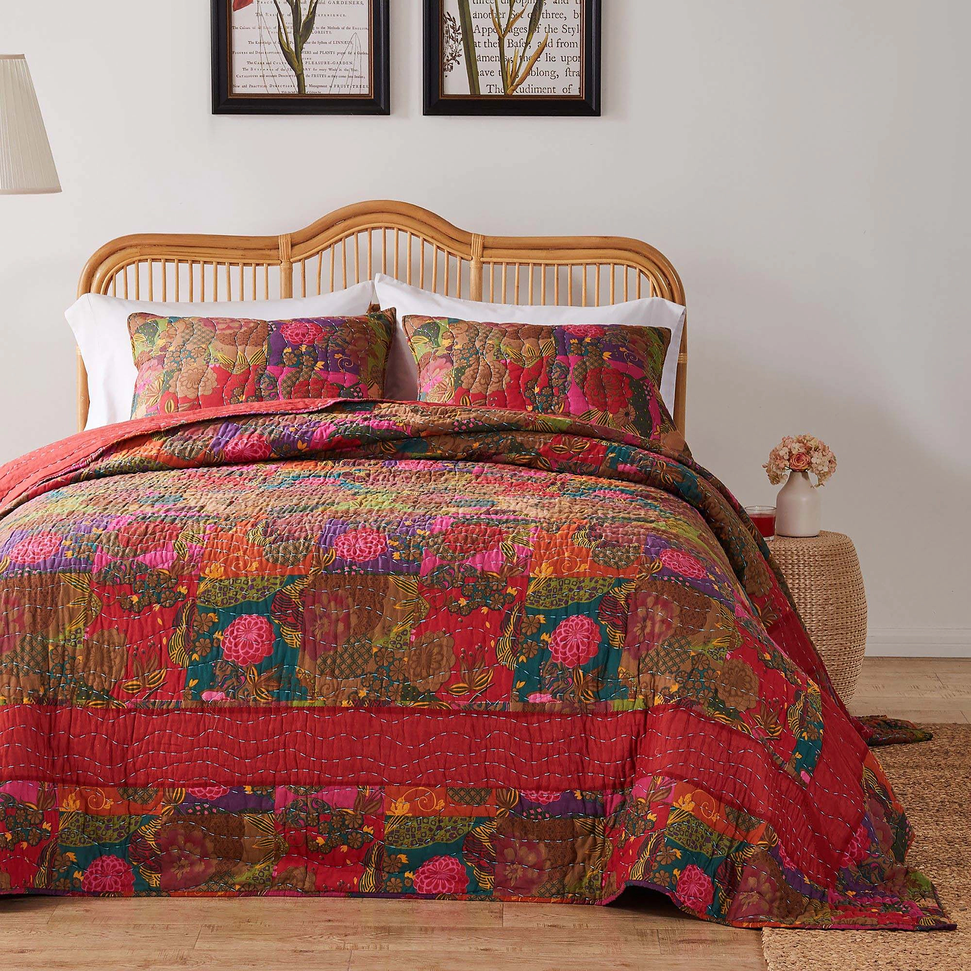Greenland Home Fashions Jewel Cotton Kantha Quilted Bedspread Set Jumbo Sized Reversible Quilt Set 3 Piece