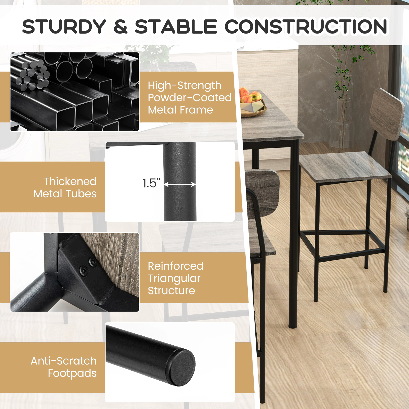SUGIFT Gray 4 Backless Stools 36-in Square 5-Piece Counter Height Bar Table Set