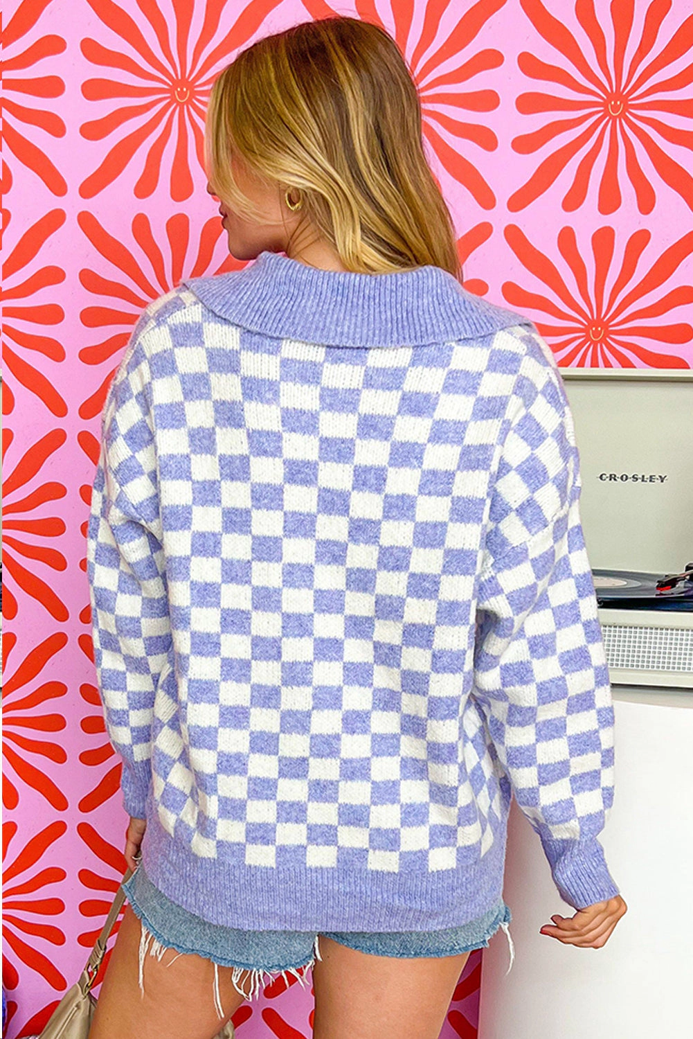 Sol Living Womens Checkered Collared Buttons Plus Size Sweater