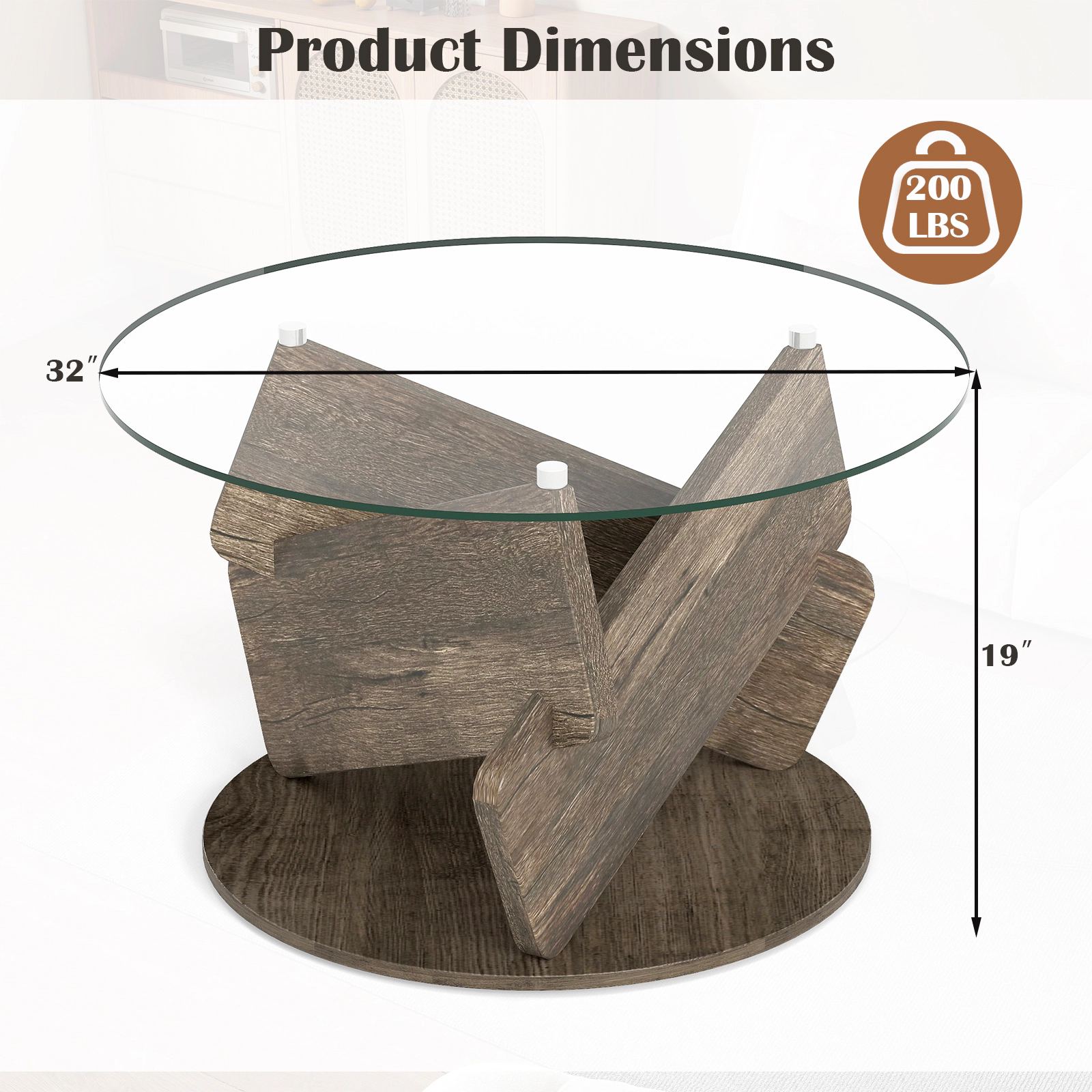 SUGIFT 32-in Round 200-lb Capacity Modern Grey Coffee Table with Scratch-Resistant Tempered Glass Top
