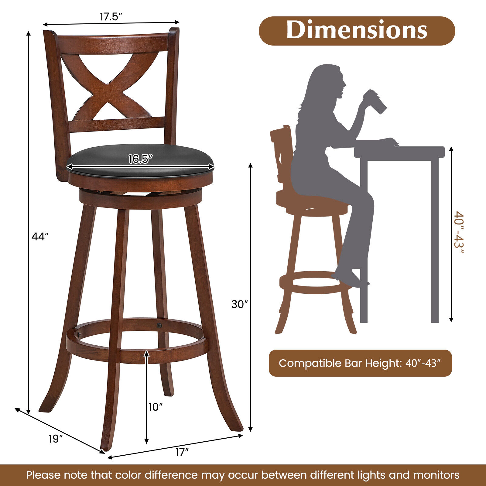 Glintex 2-Piece 30-Inch Swivel Bar Stool Set with X-Shaped Open Back, Brown
