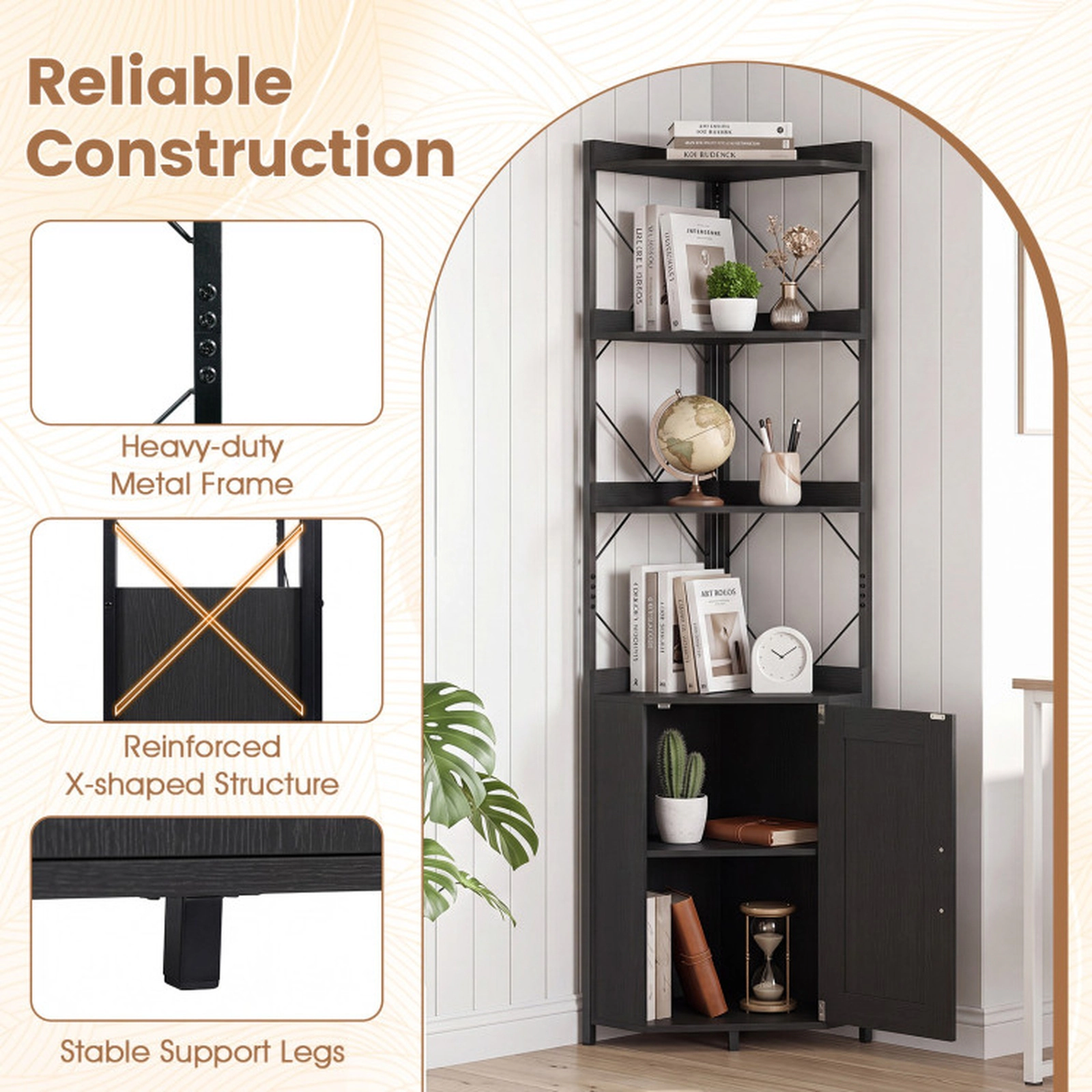 SUGIFT 71-in Tall 6-Tier Freestanding Corner Bookshelf with Cabinet 180-lb Capacity Rustic Brown and Black