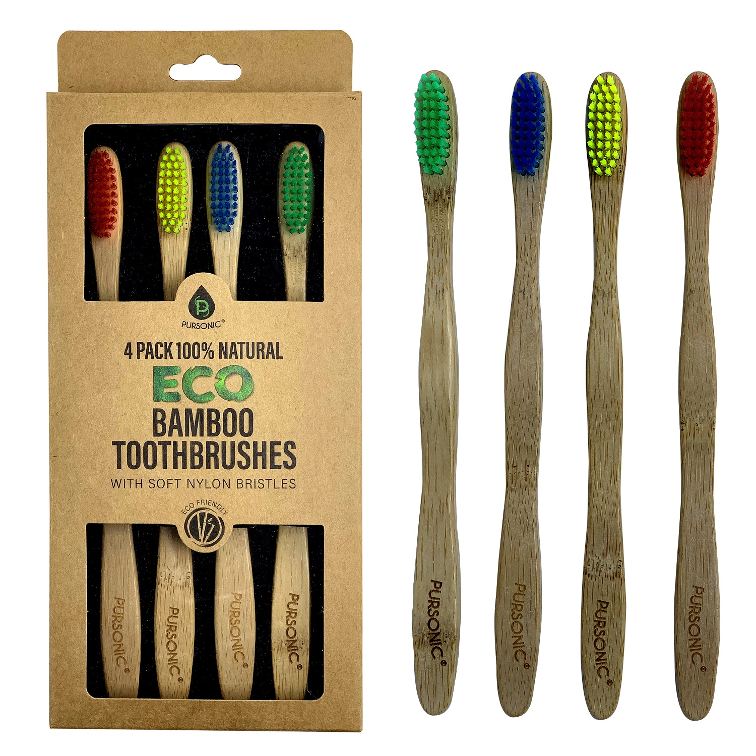 Pursonic Unisex 100% Natural Eco Bamboo Toothbrushes – 4 Pack