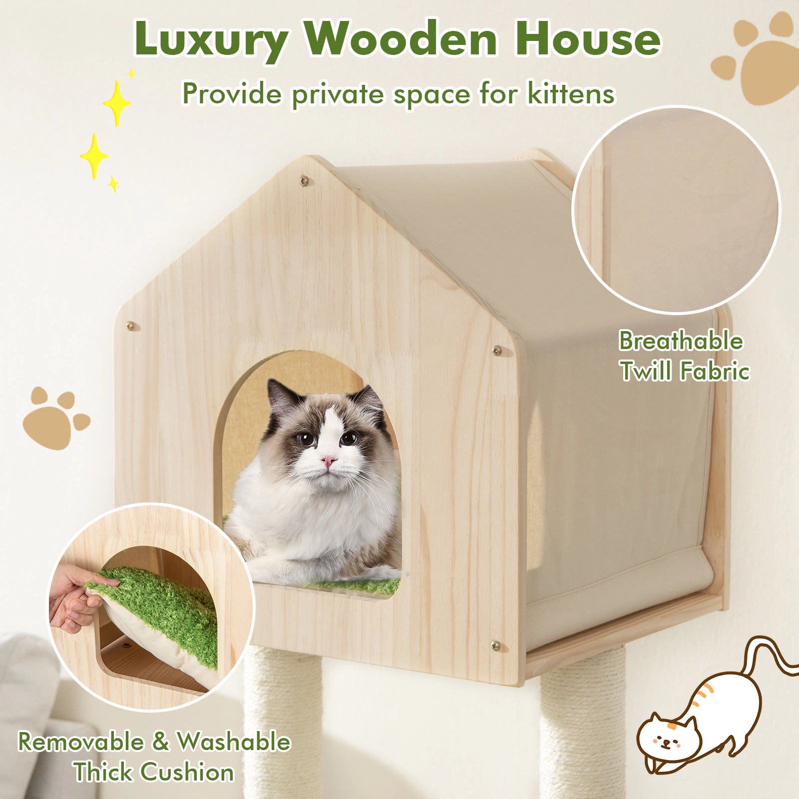 SUGIFT 55-in Tall Cat Tree with Hammock Pine Wood Condo Basket Bed and Sisal Posts for Indoor Cats