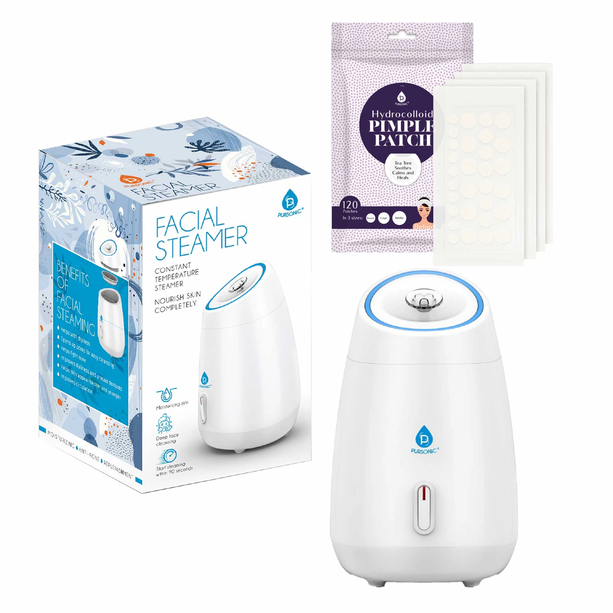 Pursonic Women's Skincare & Beauty Treatment Bundle Advanced Facial Steamer & Hydrocolloid Pimple Patch Set