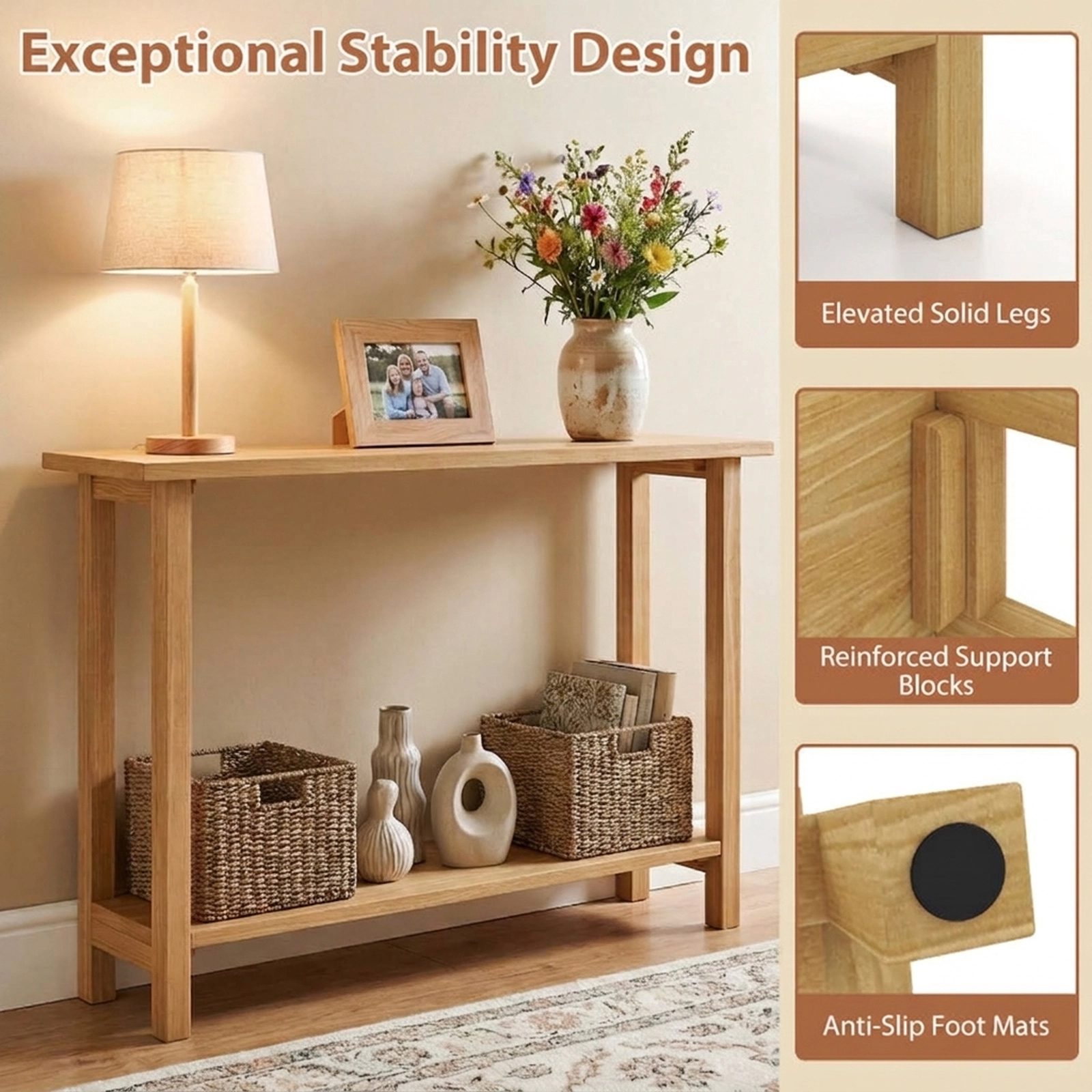SUGIFT 47-in Teak Wood Console Table with 1-in Thick Top 44-lb Tabletop Capacity 2-Tier Storage Shelf Natural