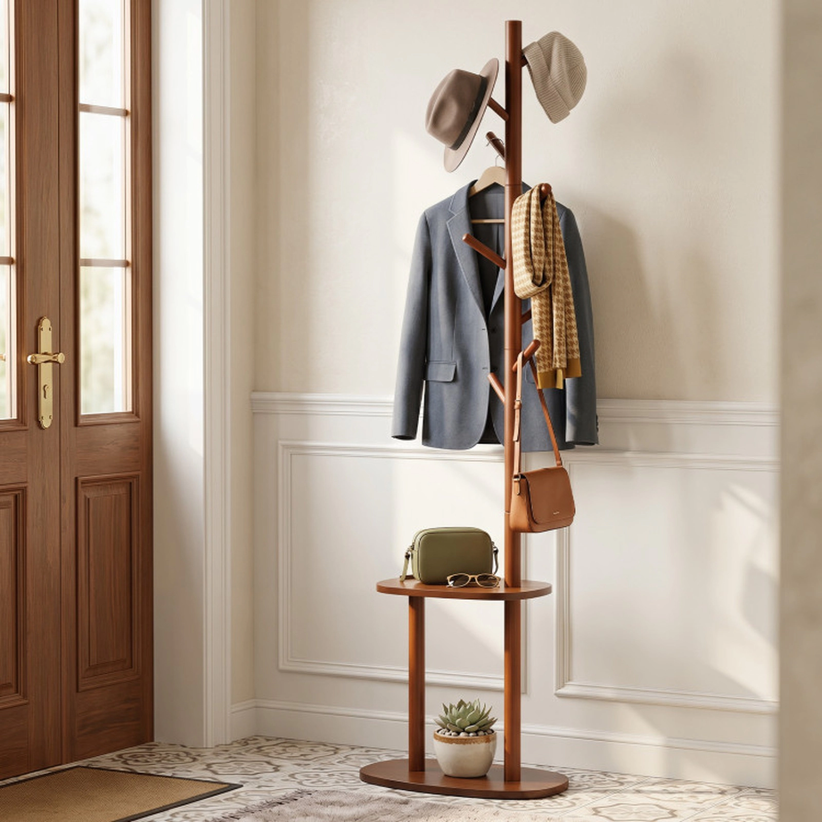 SUGIFT 8-Hook Rubber Wood Coat Rack with 2 Storage Shelves 11-lb Hook and 22-lb Shelf Capacity 70-in Tall Walnut