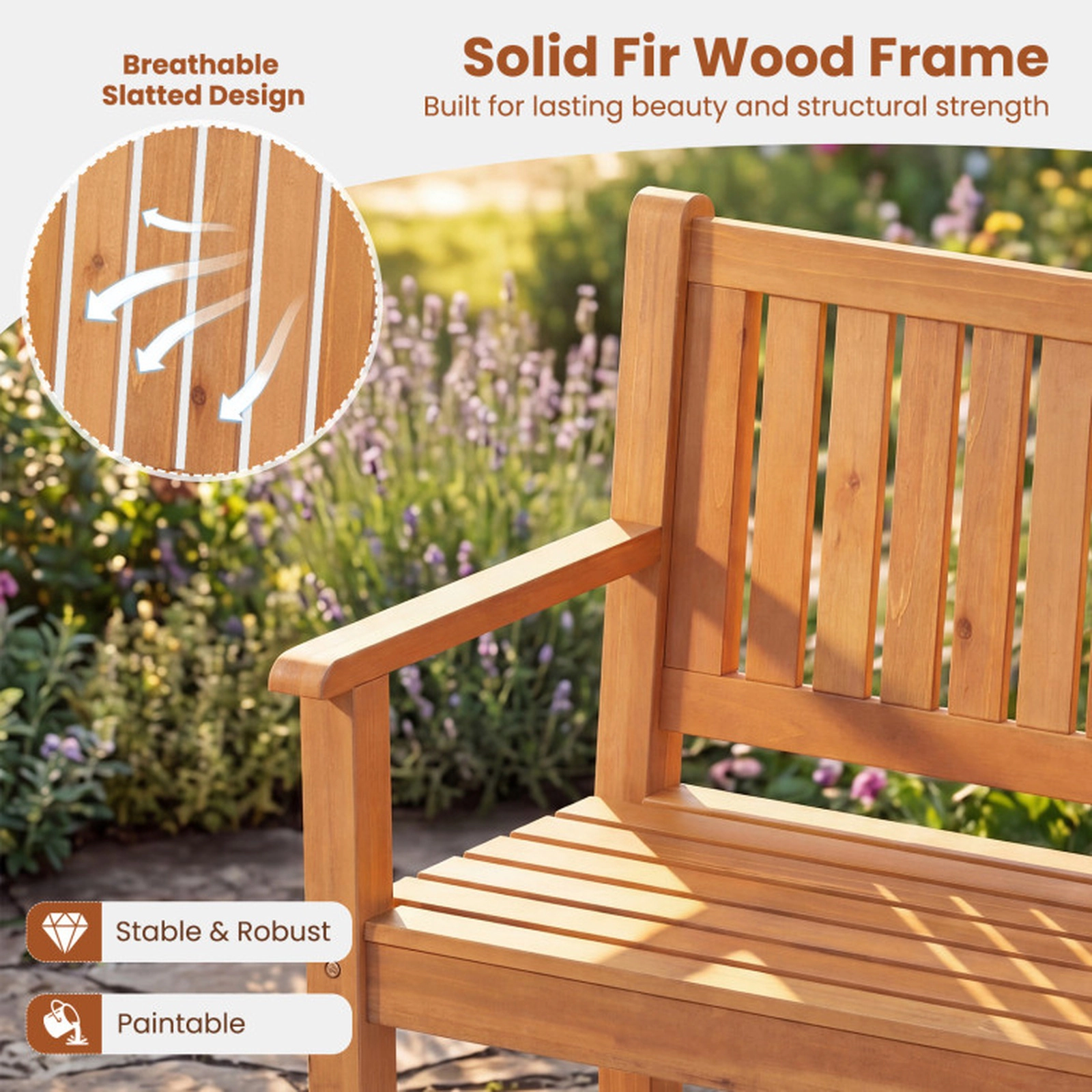 SUGIFT 3-Seater Outdoor Fir Wood Bench 990-lb Capacity Garden Bench with Backrest Brown/Natural