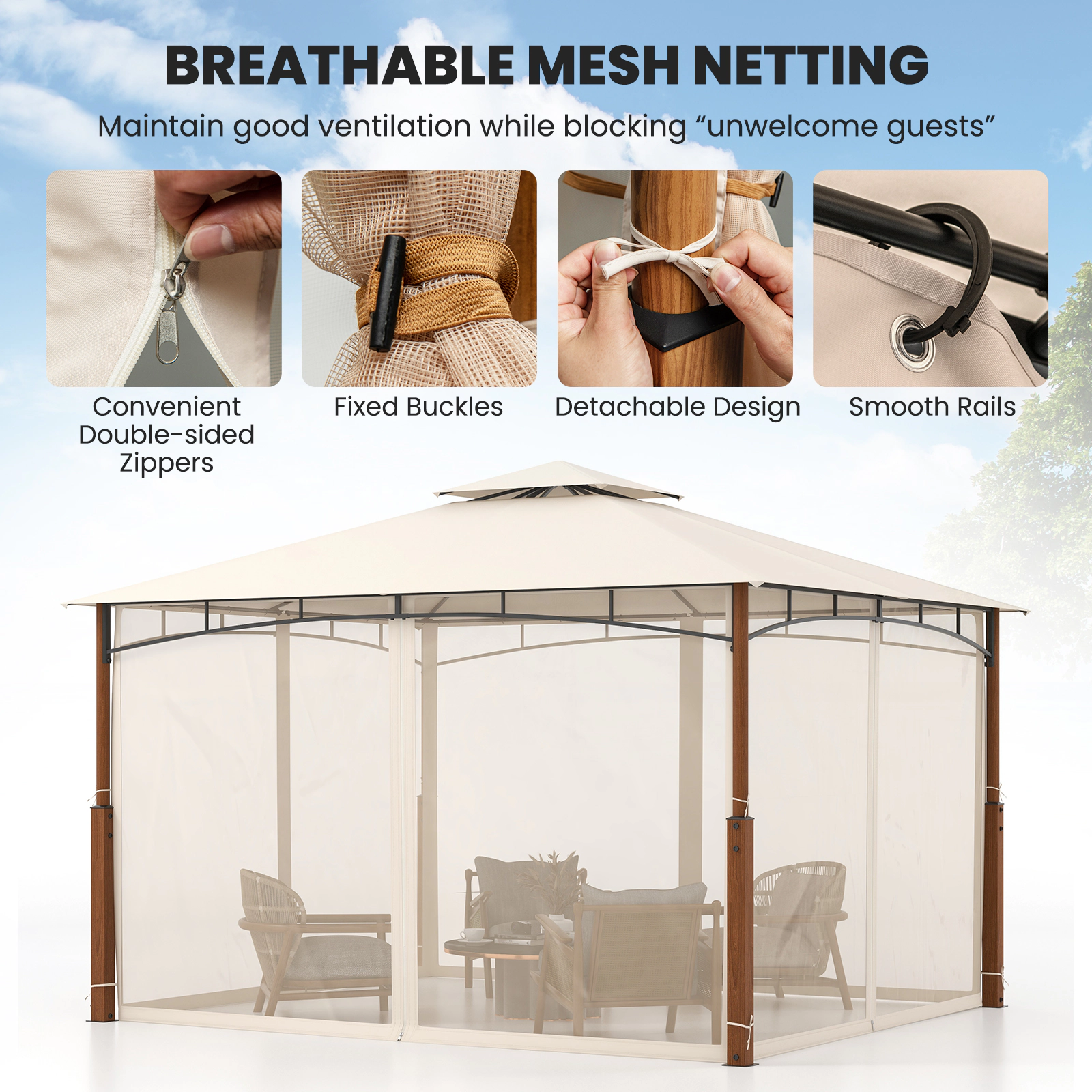 Hivvago Outdoor Patio Gazebo with Netting and 2-Tier Canopy