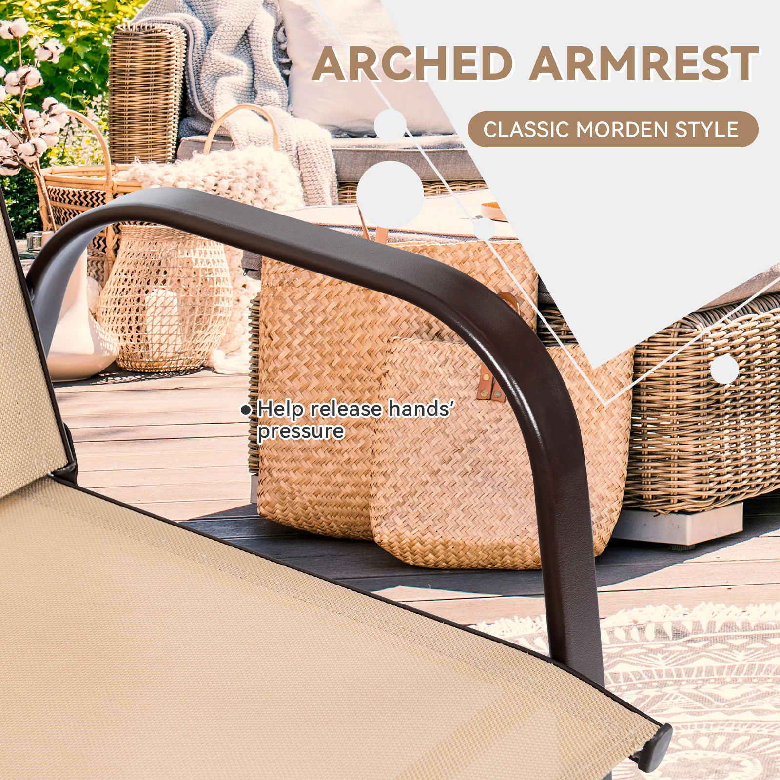 SUGIFT Set of 2 Beige Steel Outdoor Patio Dining Chairs with Curved Armrests and Quick-Dry Mesh